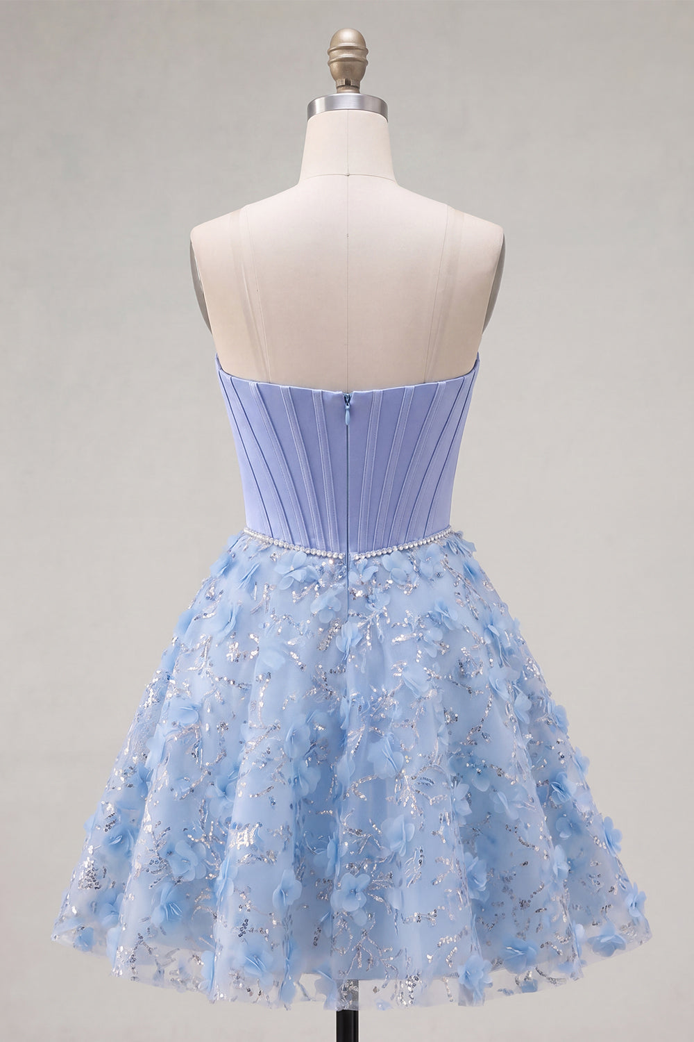 Sparkly Blue A-Line Strapless Beaded Floral Short Corset Homecoming Dress