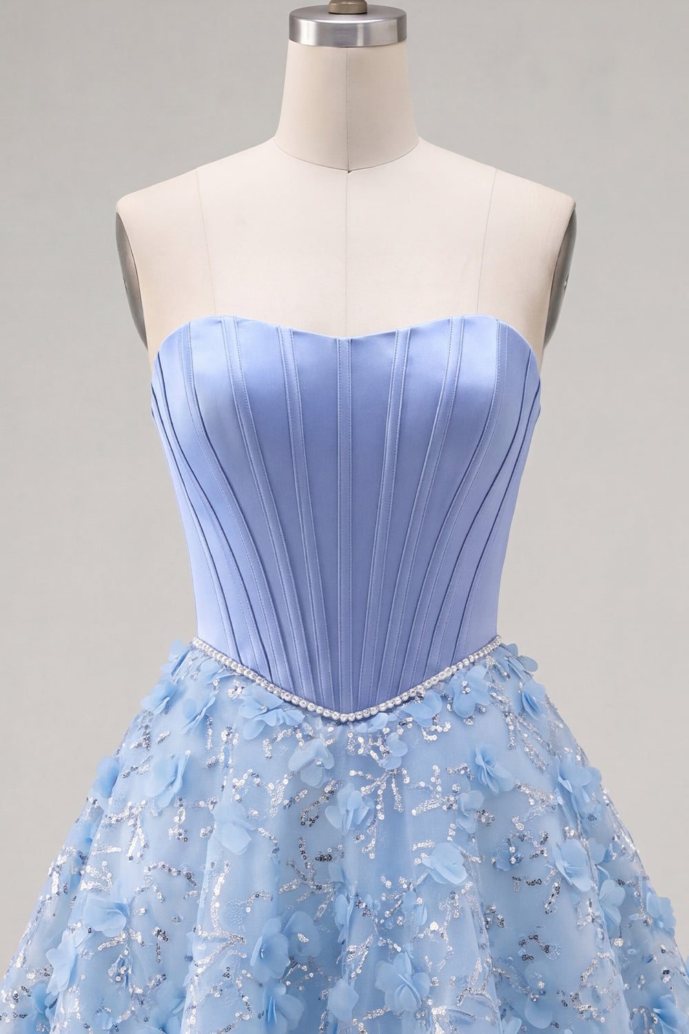 Sparkly Blue A-Line Strapless Beaded Floral Short Corset Homecoming Dress