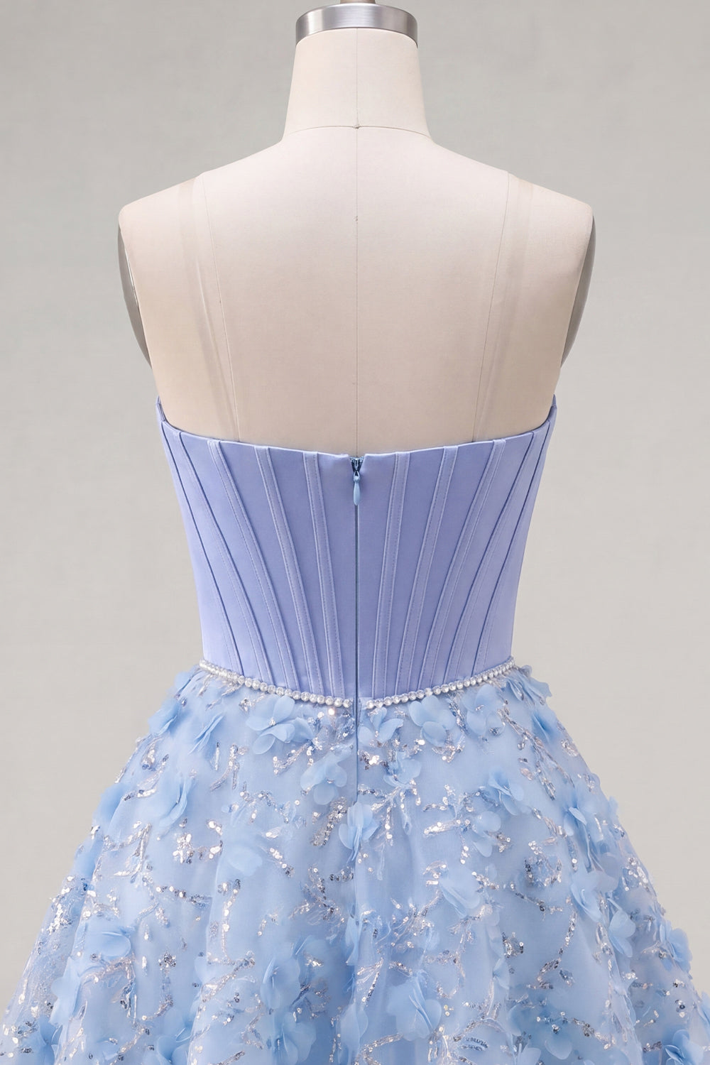 Sparkly Blue A-Line Strapless Beaded Floral Short Corset Homecoming Dress