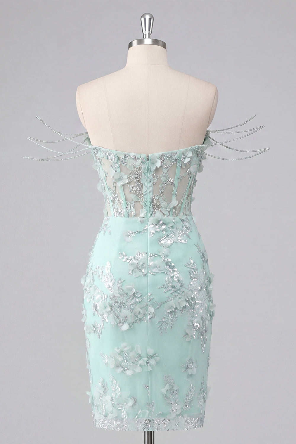 Mint Floral Off the Shoulder Corset Bodycon Appliqued Homecoming Dress with Slit