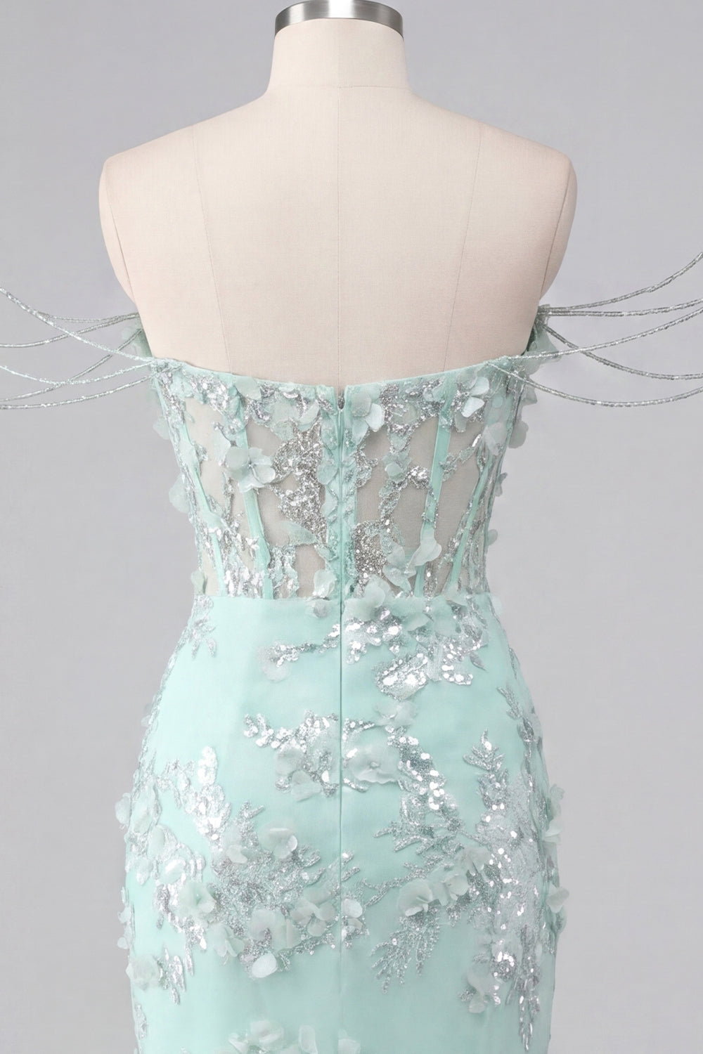 Mint Floral Off the Shoulder Corset Bodycon Appliqued Homecoming Dress with Slit