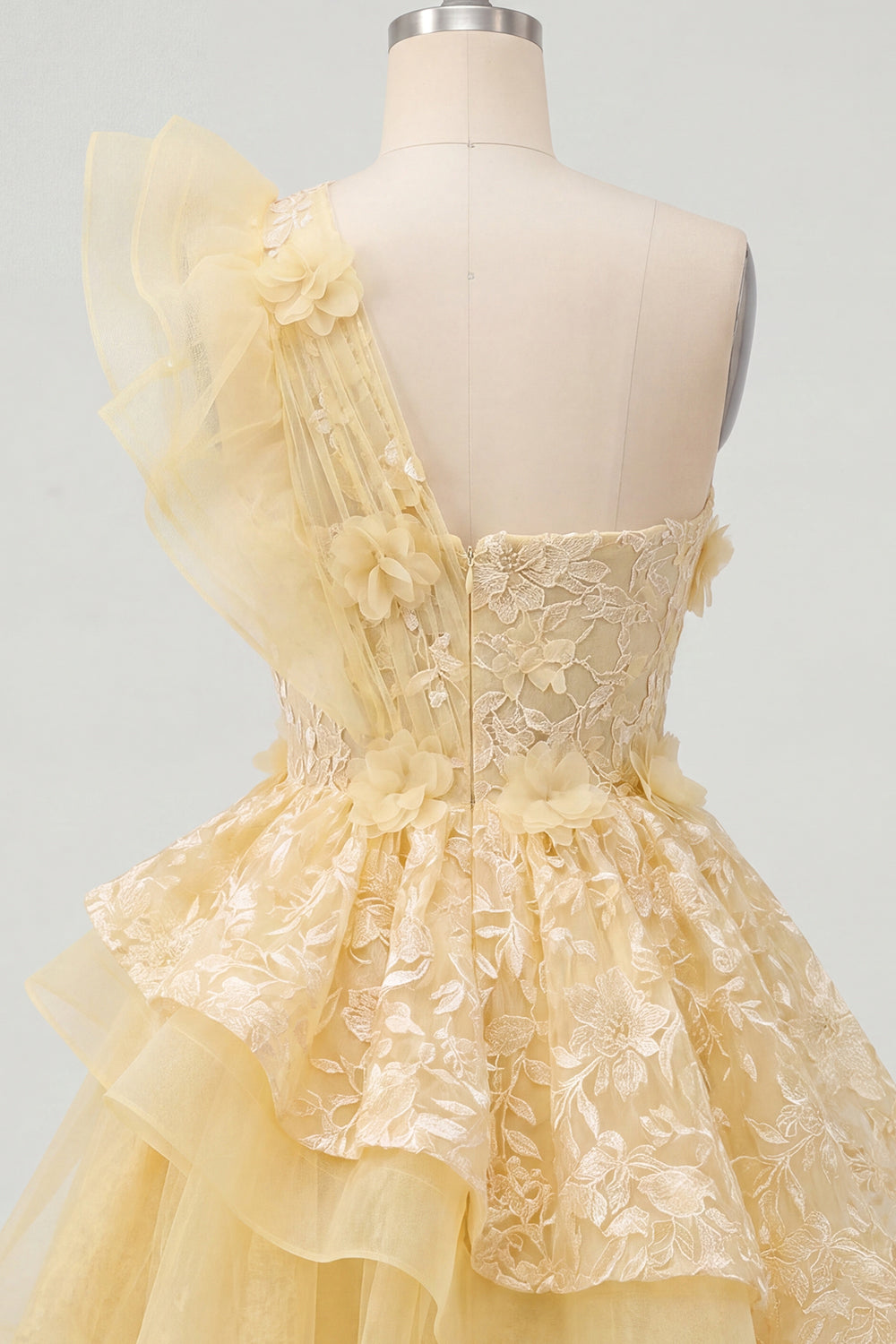 One Shoulder Butter Yellow Ruffled A-Line Floral Homecoming Dress
