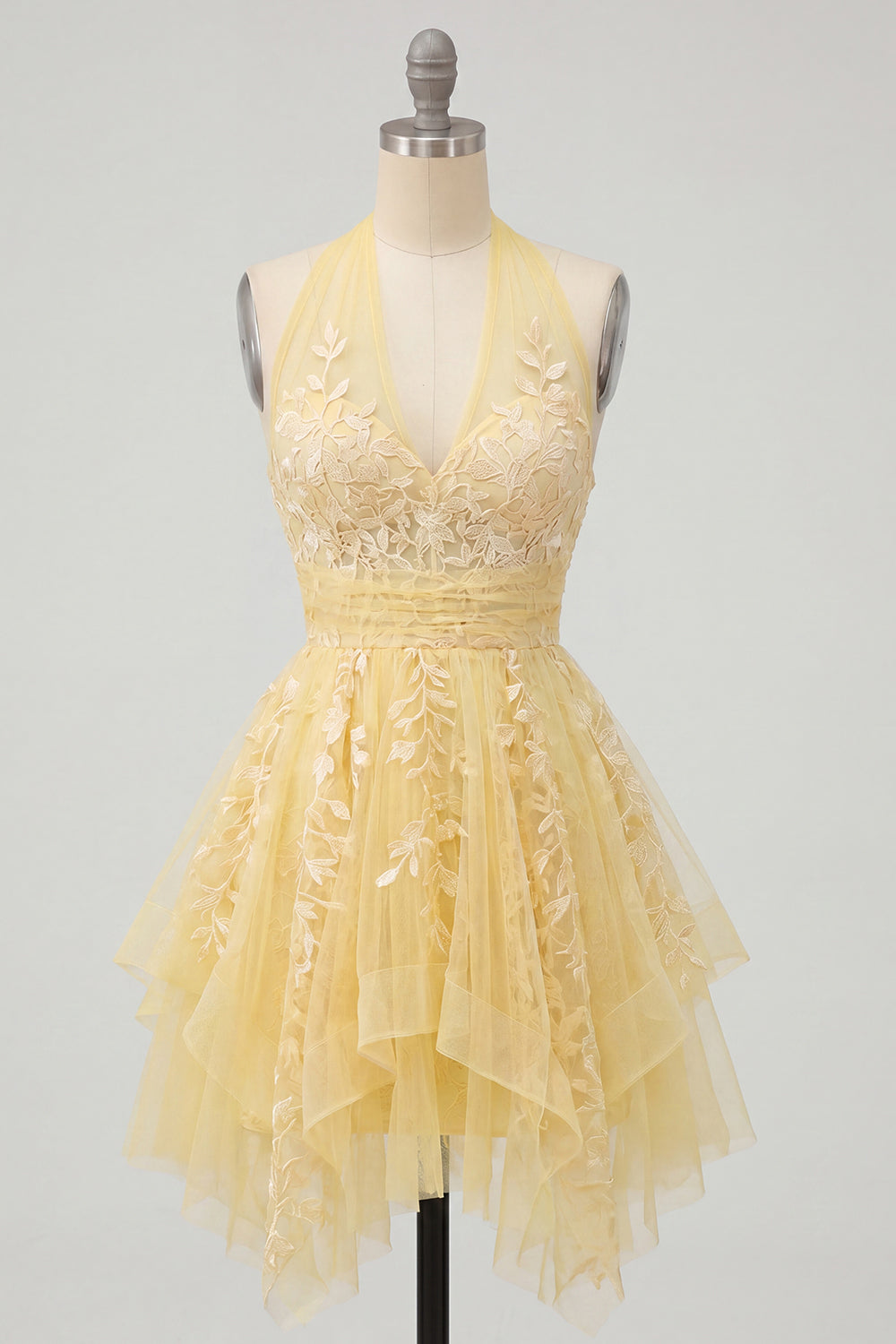 Robe de bal de fin d'année florale trapèze jaune beurre à licou