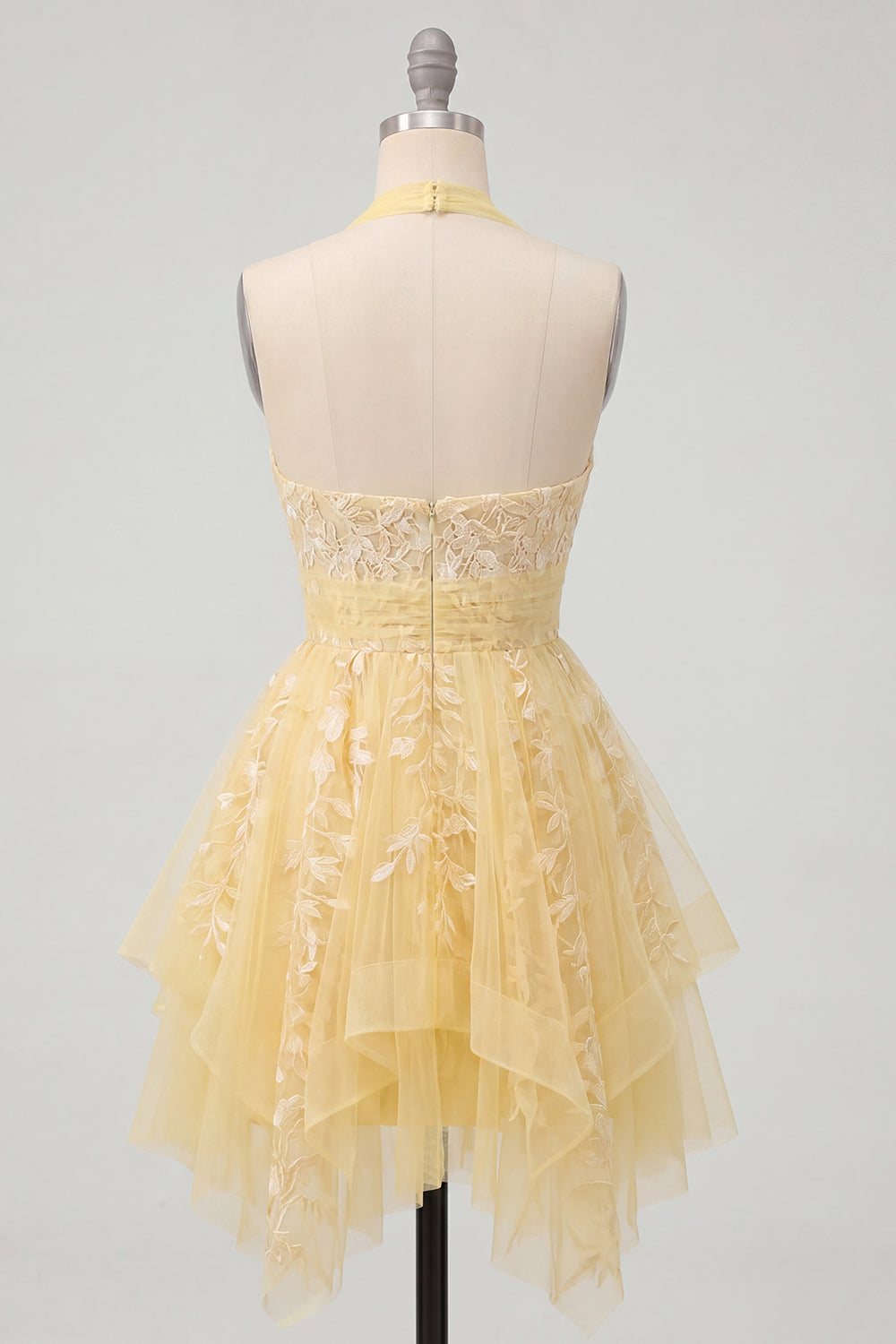 Robe de bal de fin d'année florale trapèze jaune beurre à licou