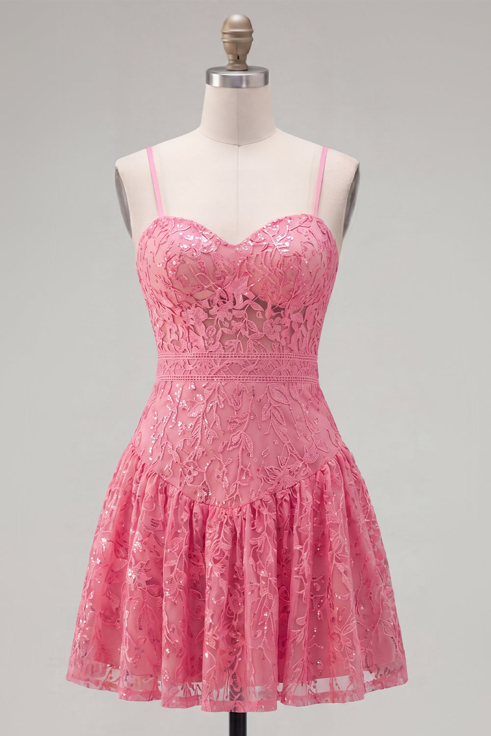 Robe de bal de retour à la maison rose vif trapèze à bretelles spaghetti avec imprimé floral et nœud
