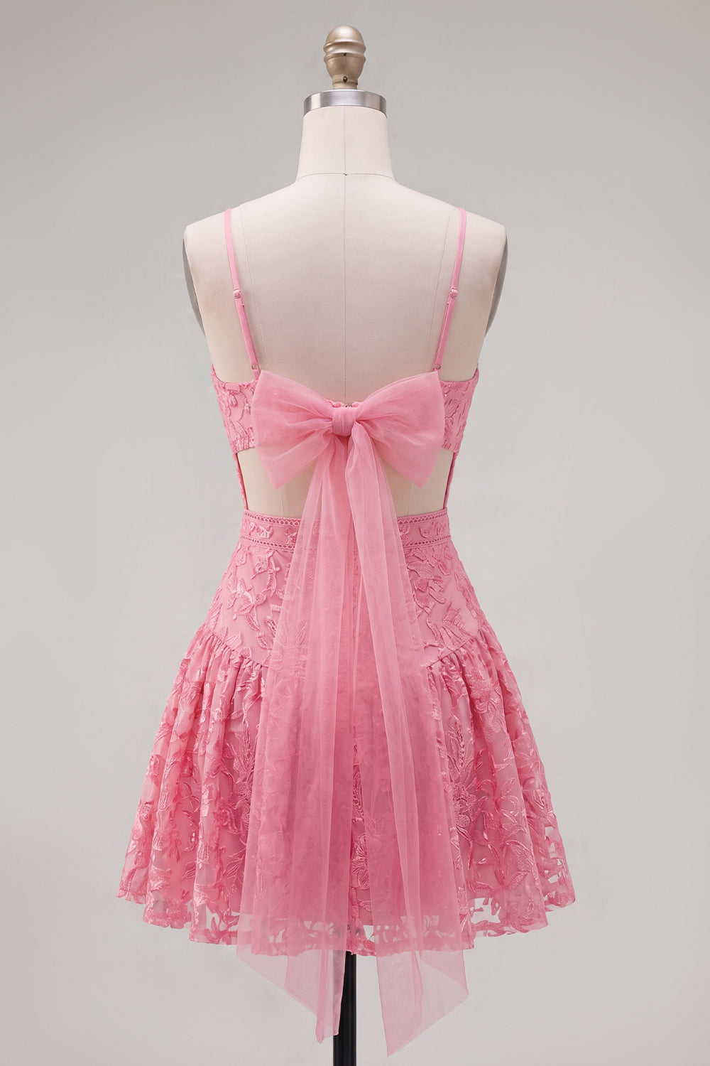 Robe de bal de retour à la maison rose vif trapèze à bretelles spaghetti avec imprimé floral et nœud