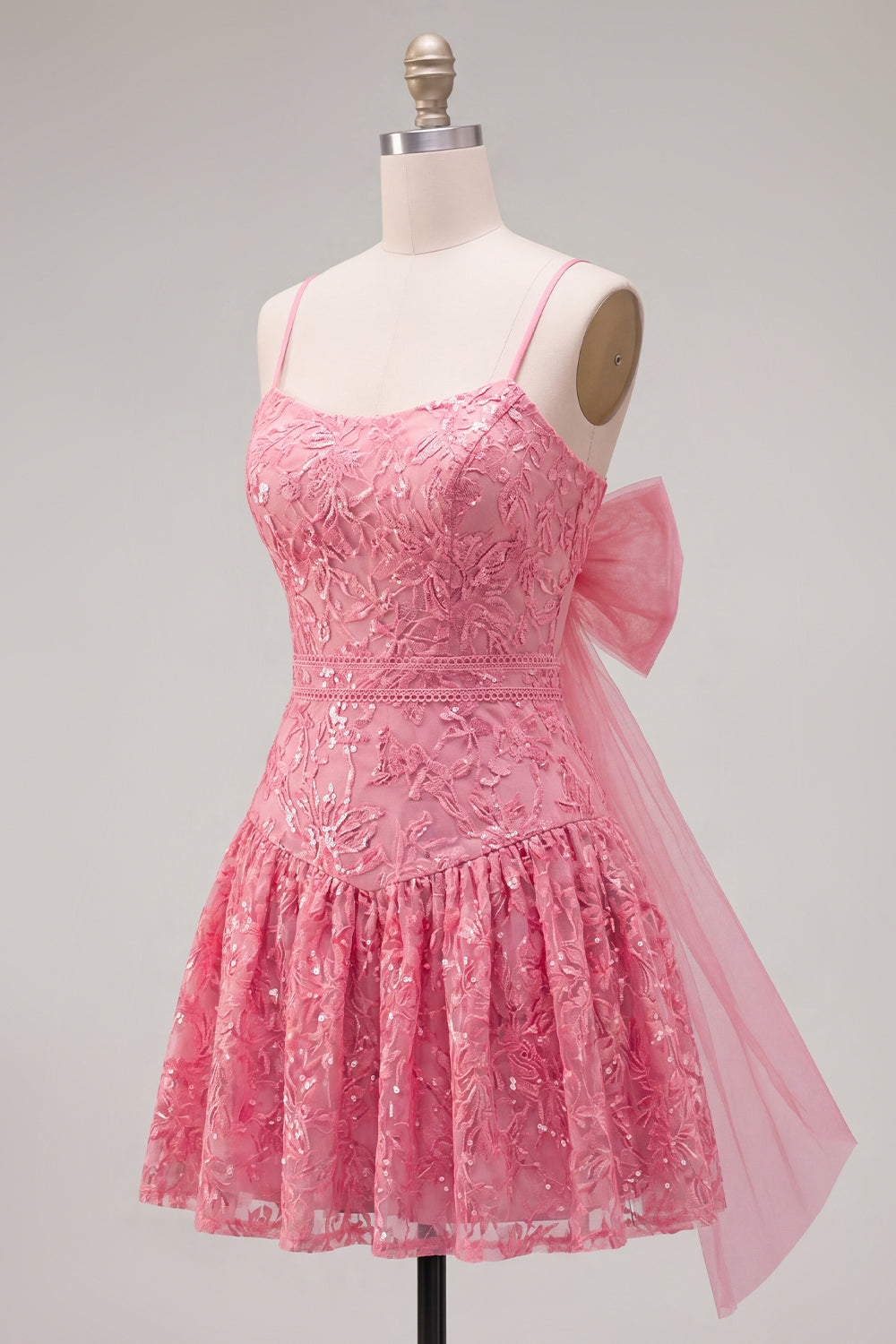 Robe de bal de retour à la maison rose vif trapèze à bretelles spaghetti avec imprimé floral et nœud