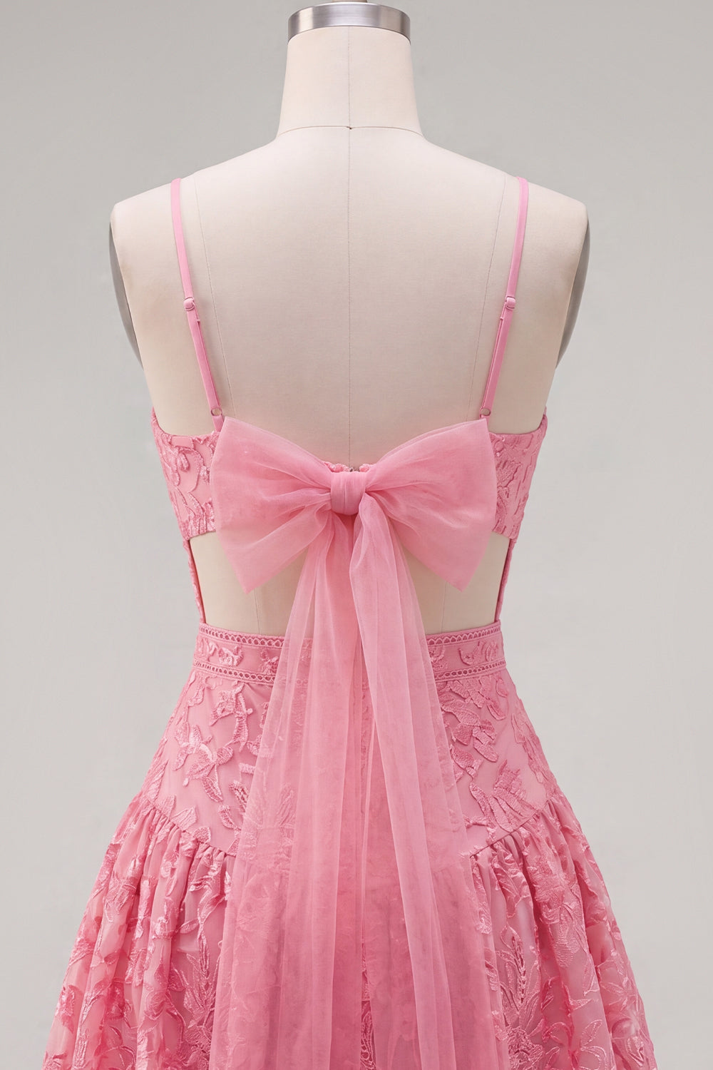 Robe de bal de retour à la maison rose vif trapèze à bretelles spaghetti avec imprimé floral et nœud