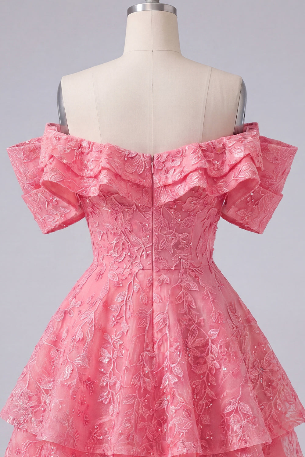Off the Shoulder Hot Pink A-Line Floral Ruffled Homecoming Dress with Beading