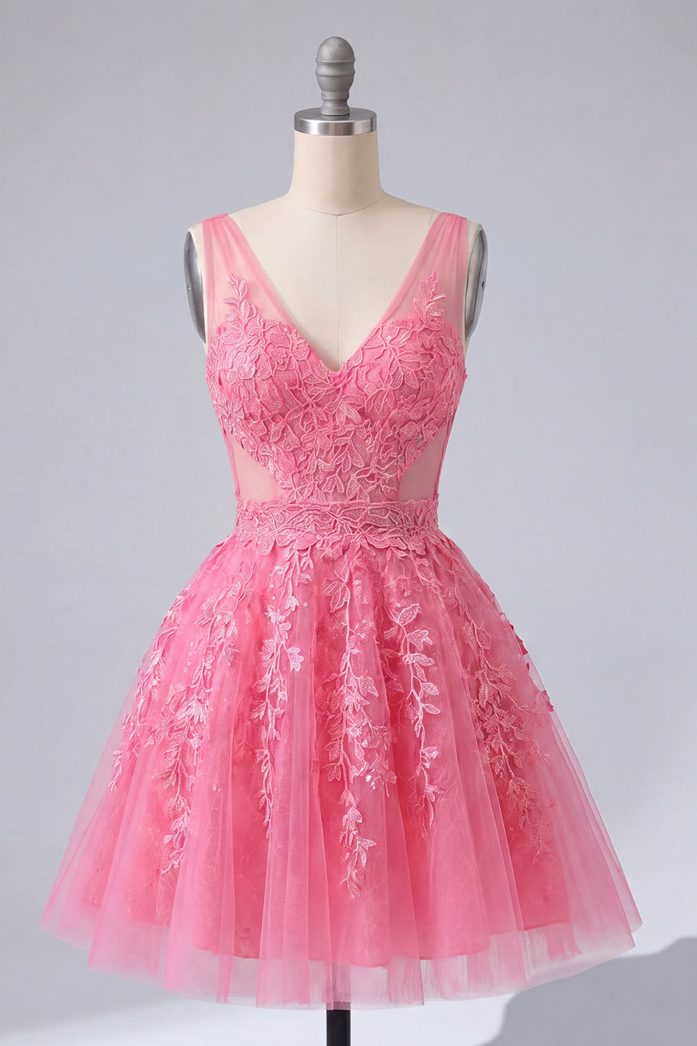 Vestido de fiesta de tul escote en V floral rosa fuerte línea A