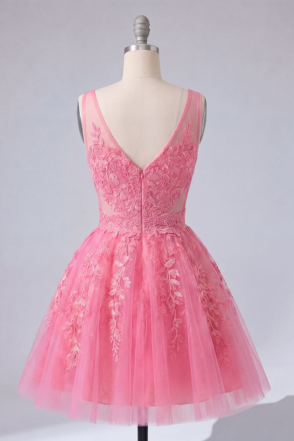 Vestido de fiesta de tul escote en V floral rosa fuerte línea A