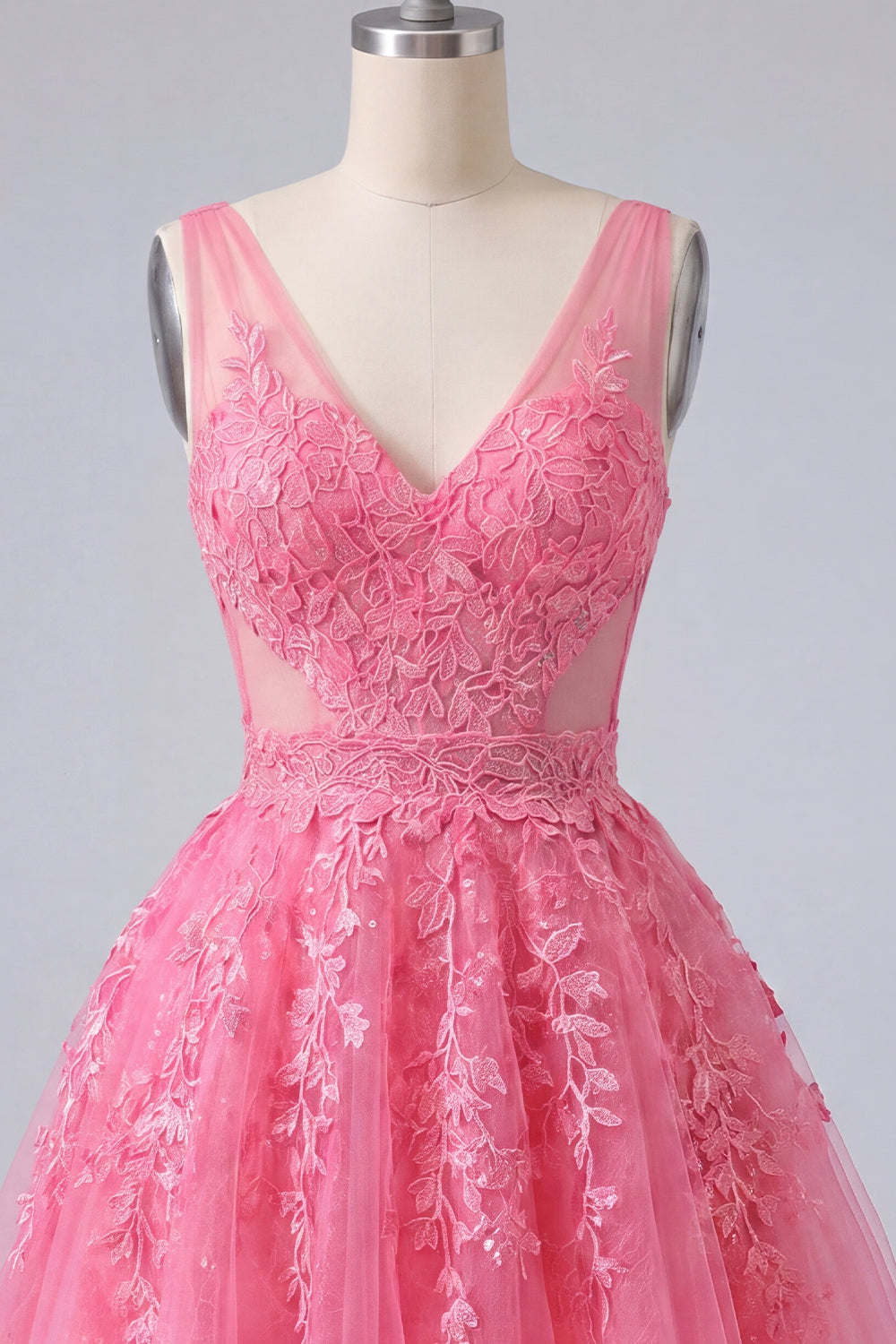 Vestido de fiesta de tul escote en V floral rosa fuerte línea A