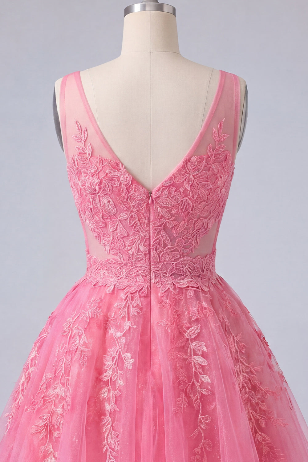 Vestido de fiesta de tul escote en V floral rosa fuerte línea A