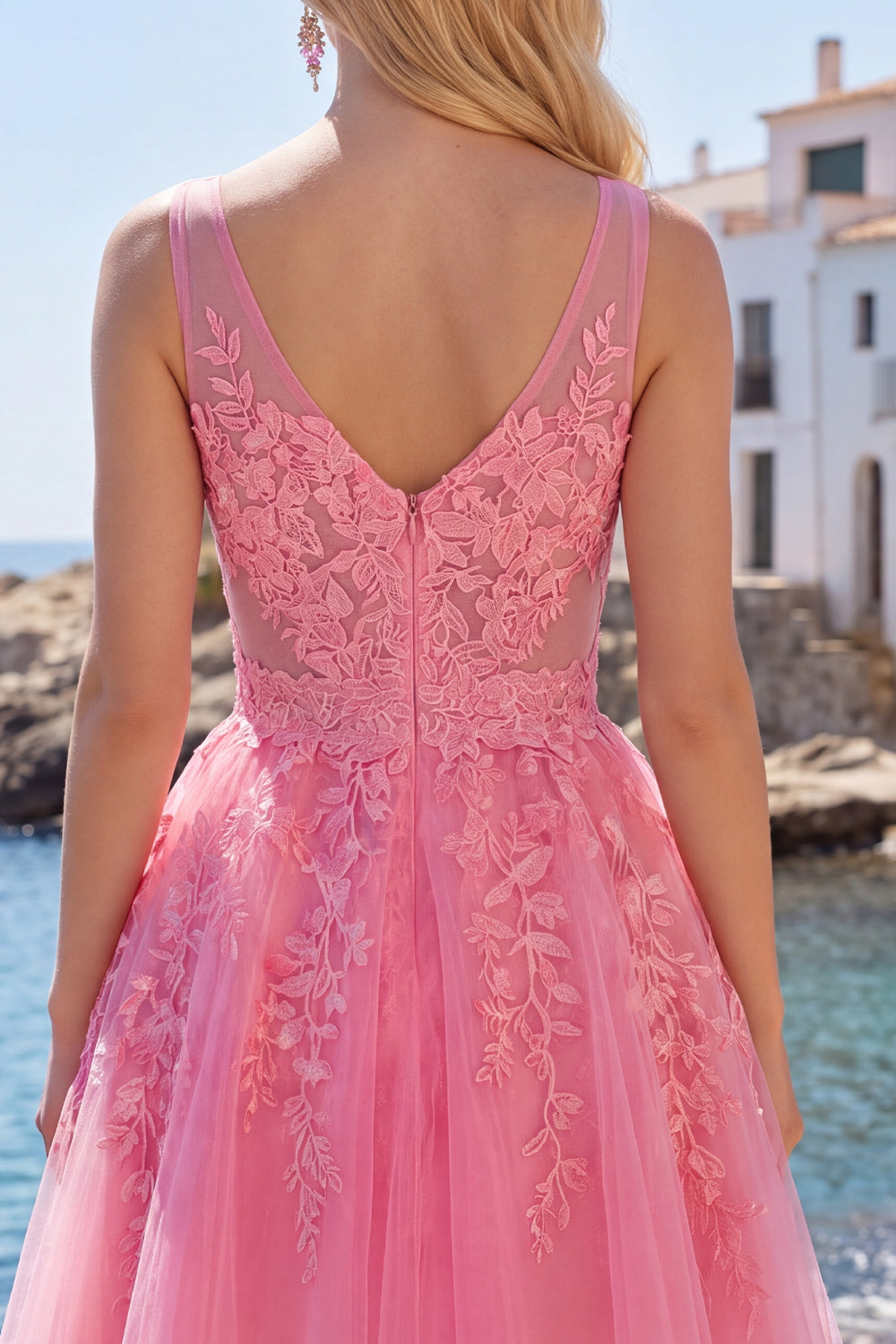 Vestido de fiesta de tul escote en V floral rosa fuerte línea A
