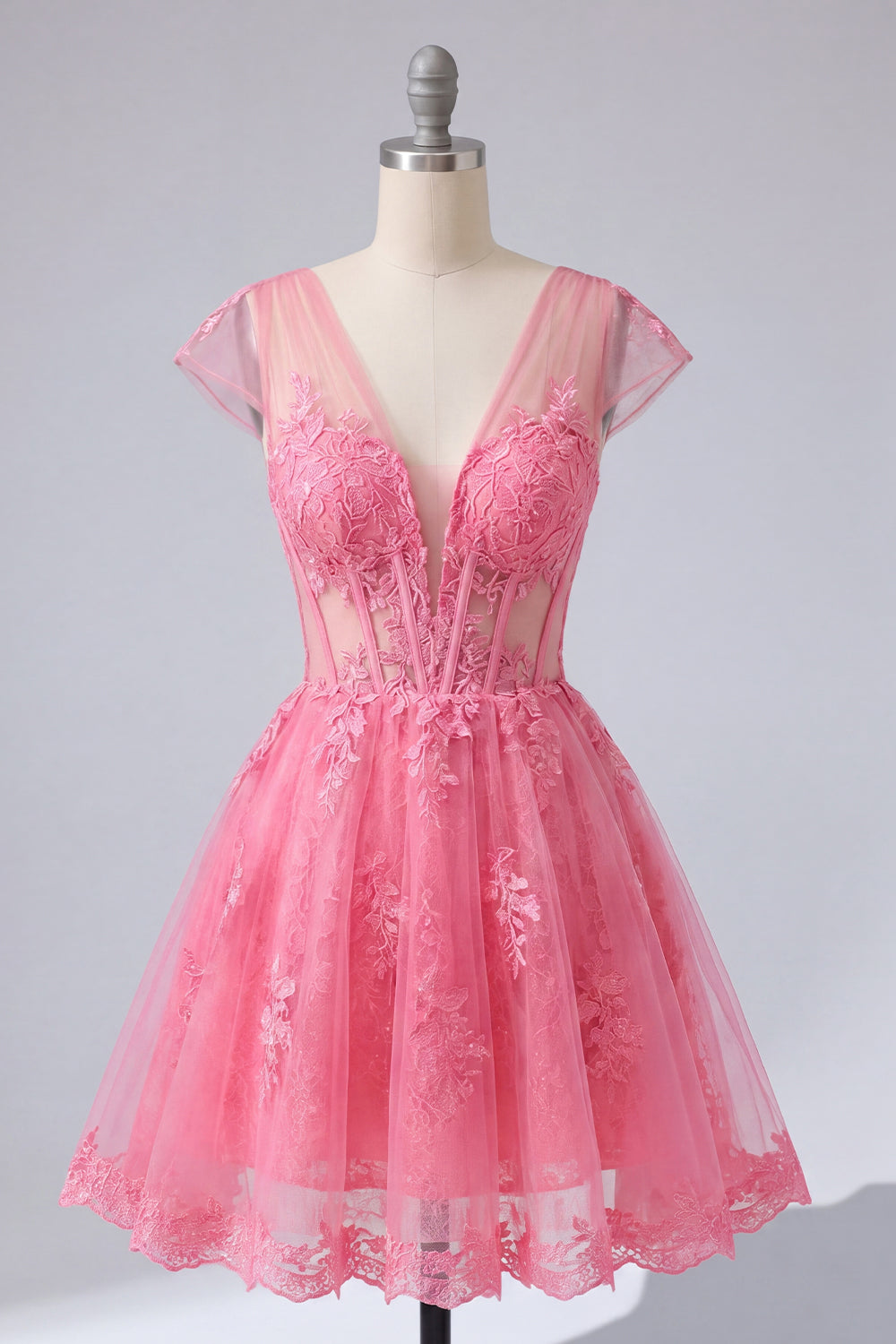 Hot Pink Floral A-Line V-Neck Tulle Sheer Corset Homecoming Dress with Cap Sleeves