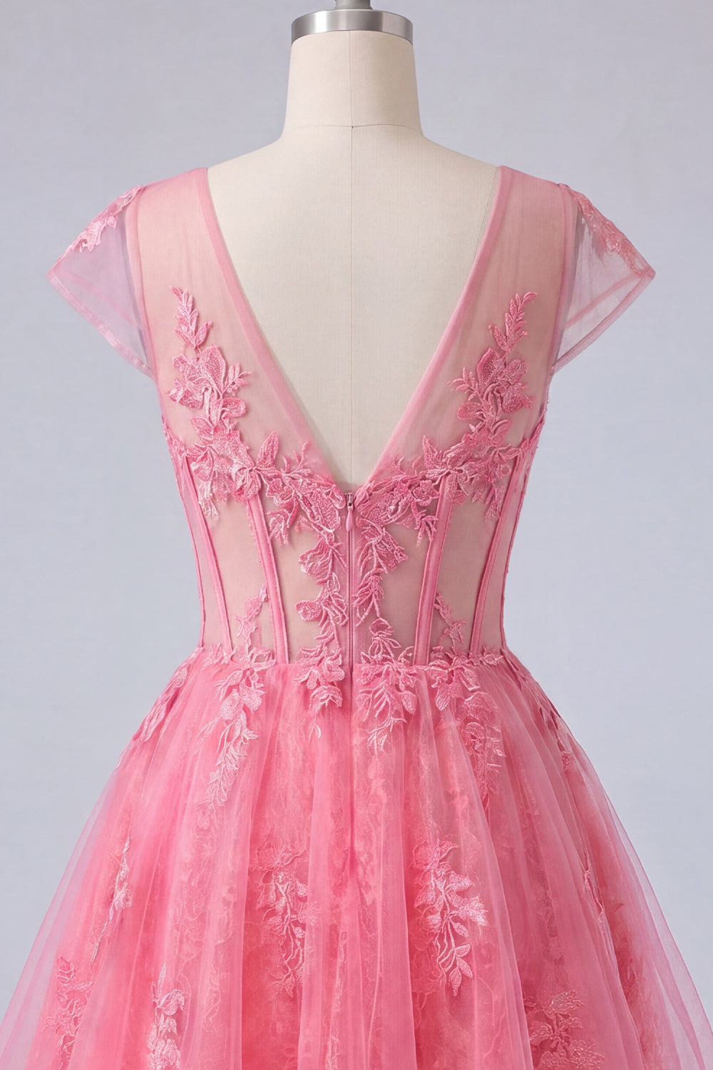 Hot Pink Floral A-Line V-Neck Tulle Sheer Corset Homecoming Dress with Cap Sleeves