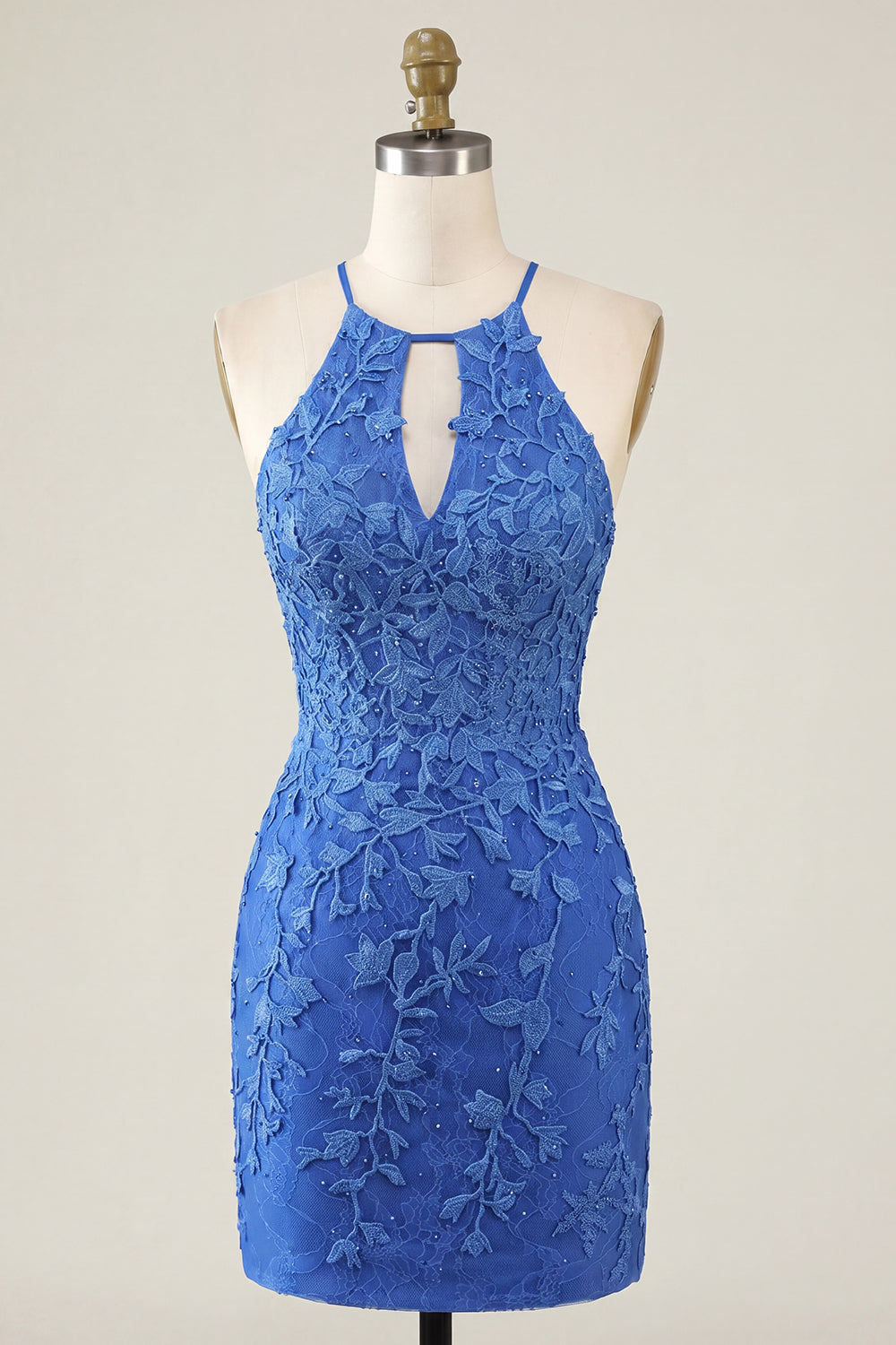 Royal Blue Floral Bodycon Halter Neck Homecoming Dress with Beading
