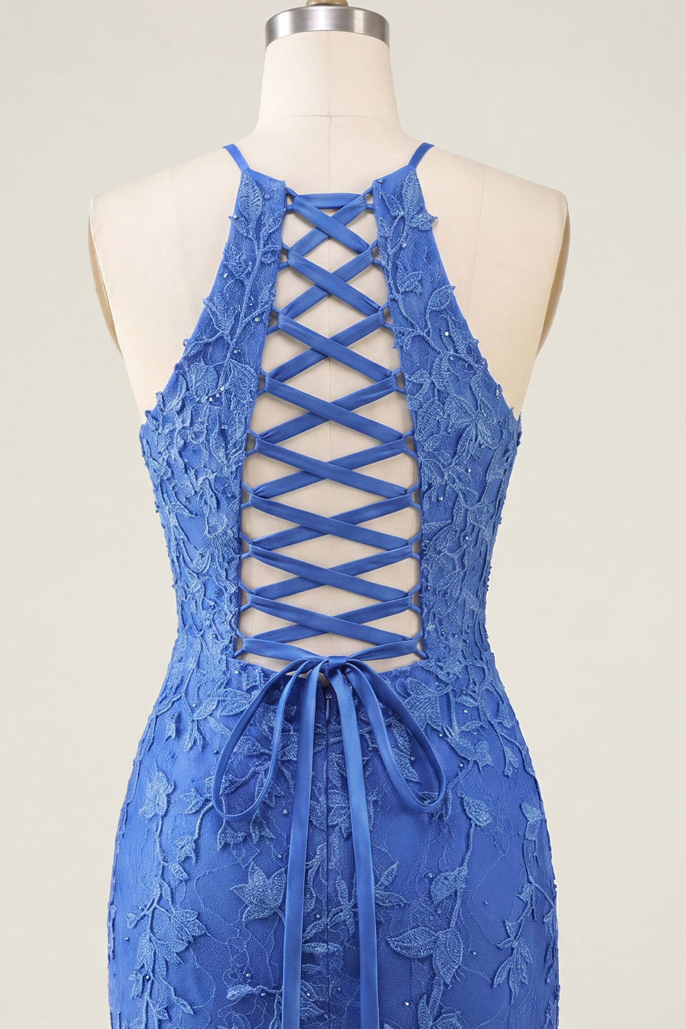 Royal Blue Floral Bodycon Halter Neck Homecoming Dress with Beading