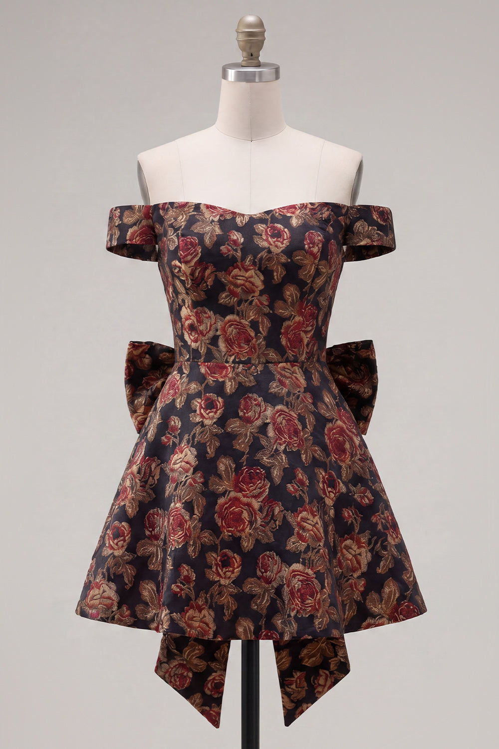 Off-the-Shoulder Black Jacquard A-Line Floral Homecoming Dress with Bow