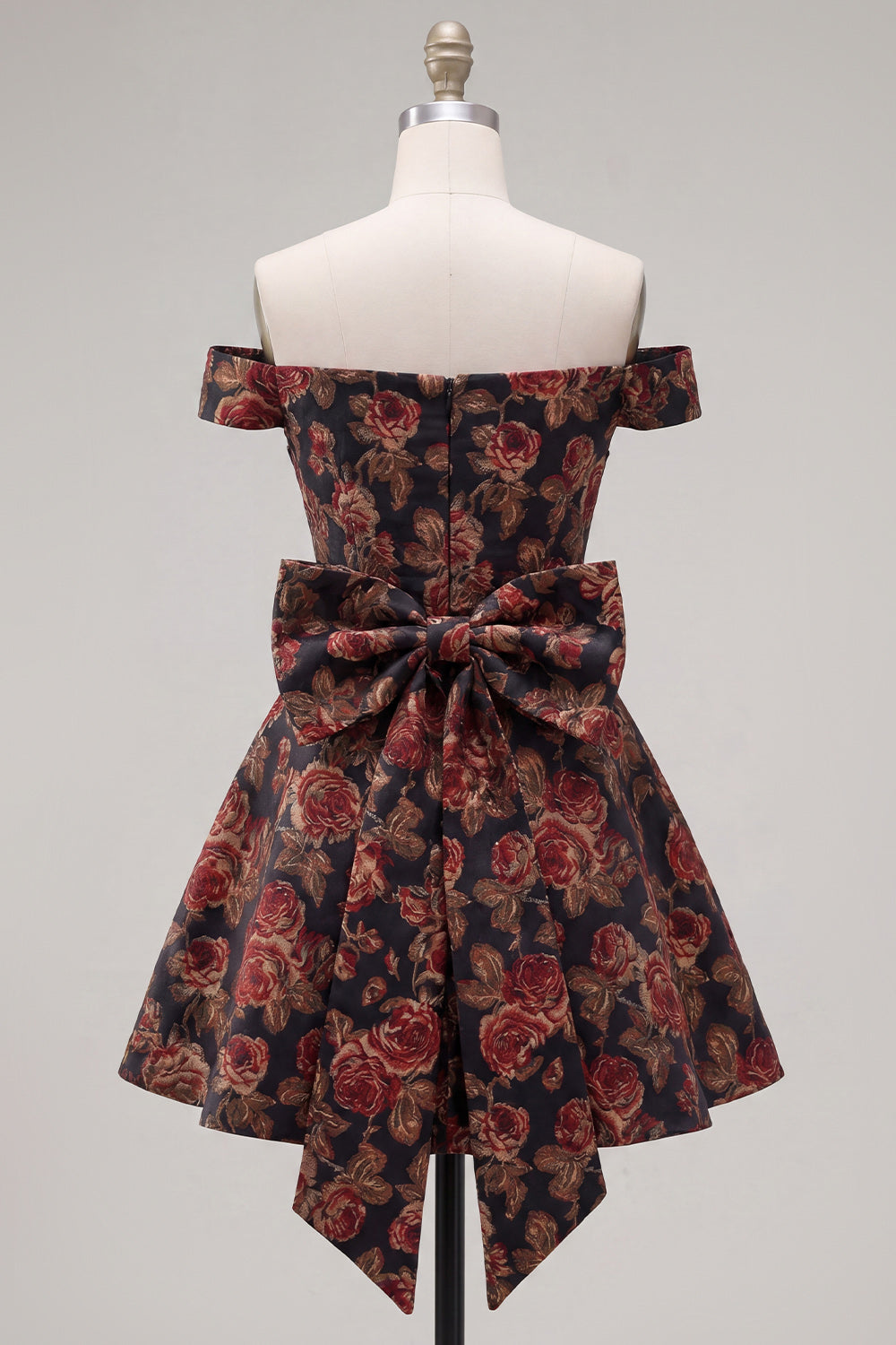 Off-the-Shoulder Black Jacquard A-Line Floral Homecoming Dress with Bow