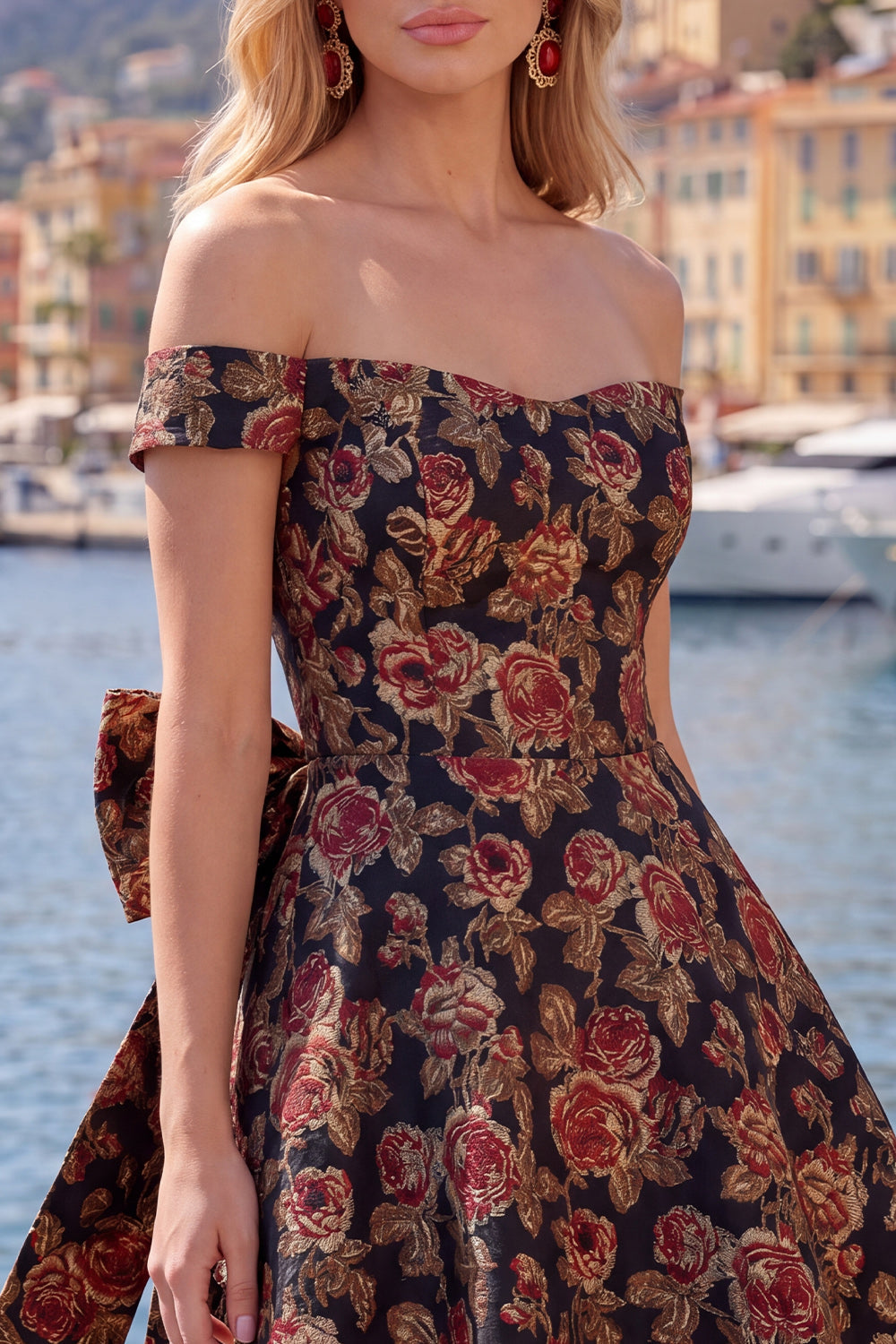 Off-the-Shoulder Black Jacquard A-Line Floral Homecoming Dress with Bow