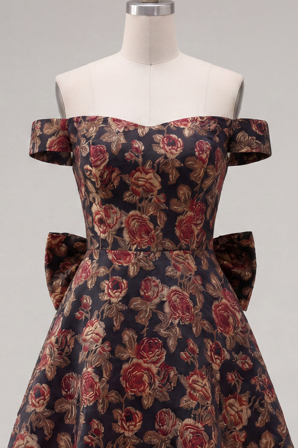 Off-the-Shoulder Black Jacquard A-Line Floral Homecoming Dress with Bow