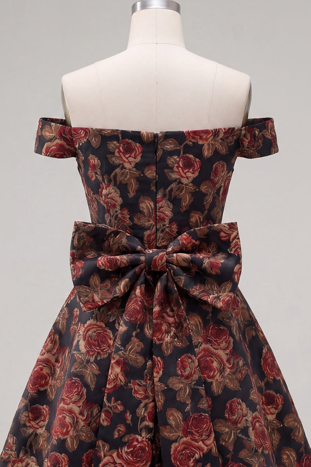 Off-the-Shoulder Black Jacquard A-Line Floral Homecoming Dress with Bow