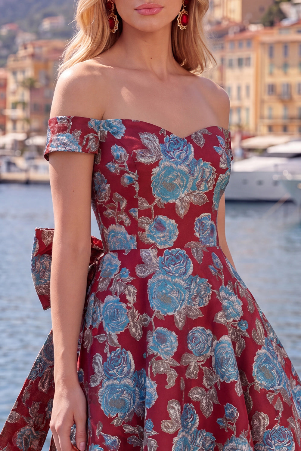 Off-the-Shoulder Black Jacquard A-Line Floral Homecoming Dress with Bow
