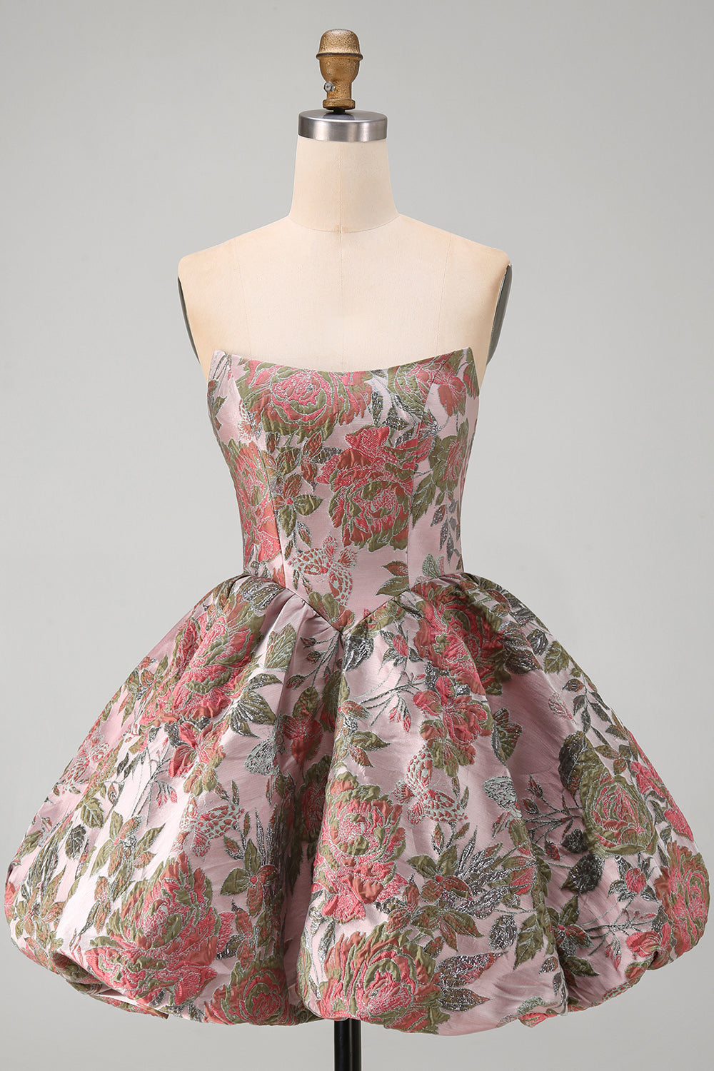 Robe de bal de rentrée rose à ligne A en jacquard floral et décolleté cœur avec nœud
