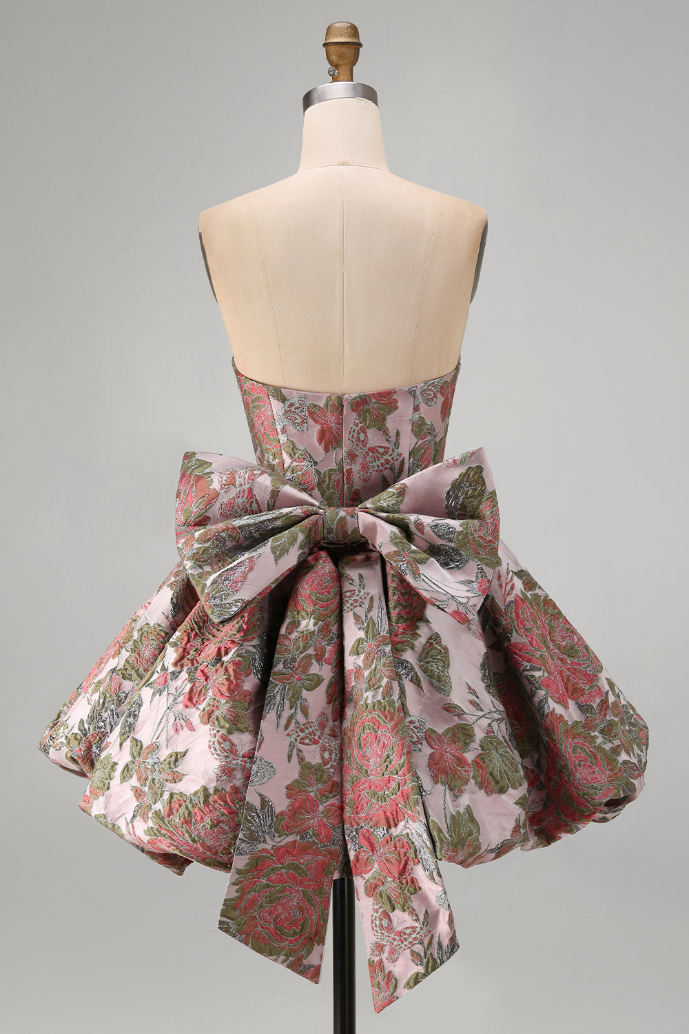 Robe de bal de rentrée rose à ligne A en jacquard floral et décolleté cœur avec nœud