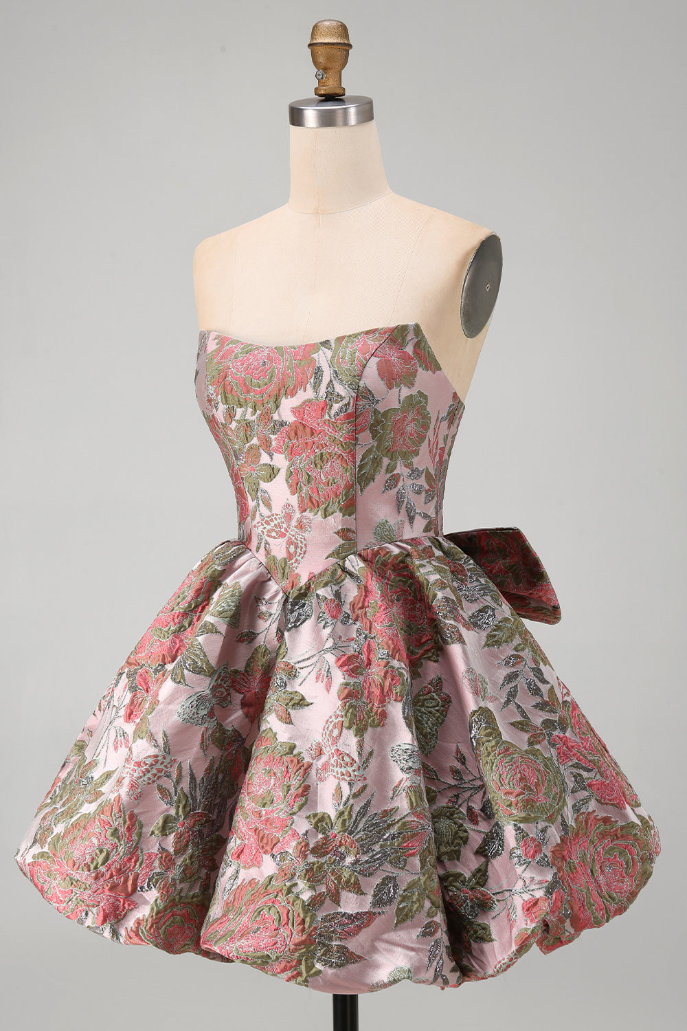 Robe de bal de rentrée rose à ligne A en jacquard floral et décolleté cœur avec nœud