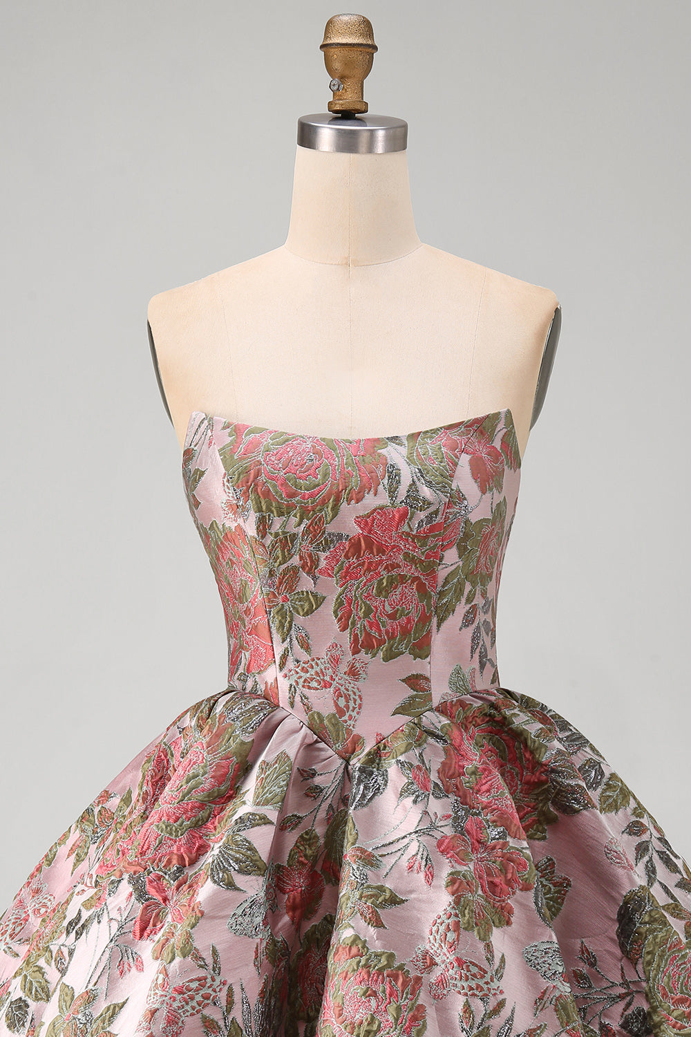 Robe de bal de rentrée rose à ligne A en jacquard floral et décolleté cœur avec nœud