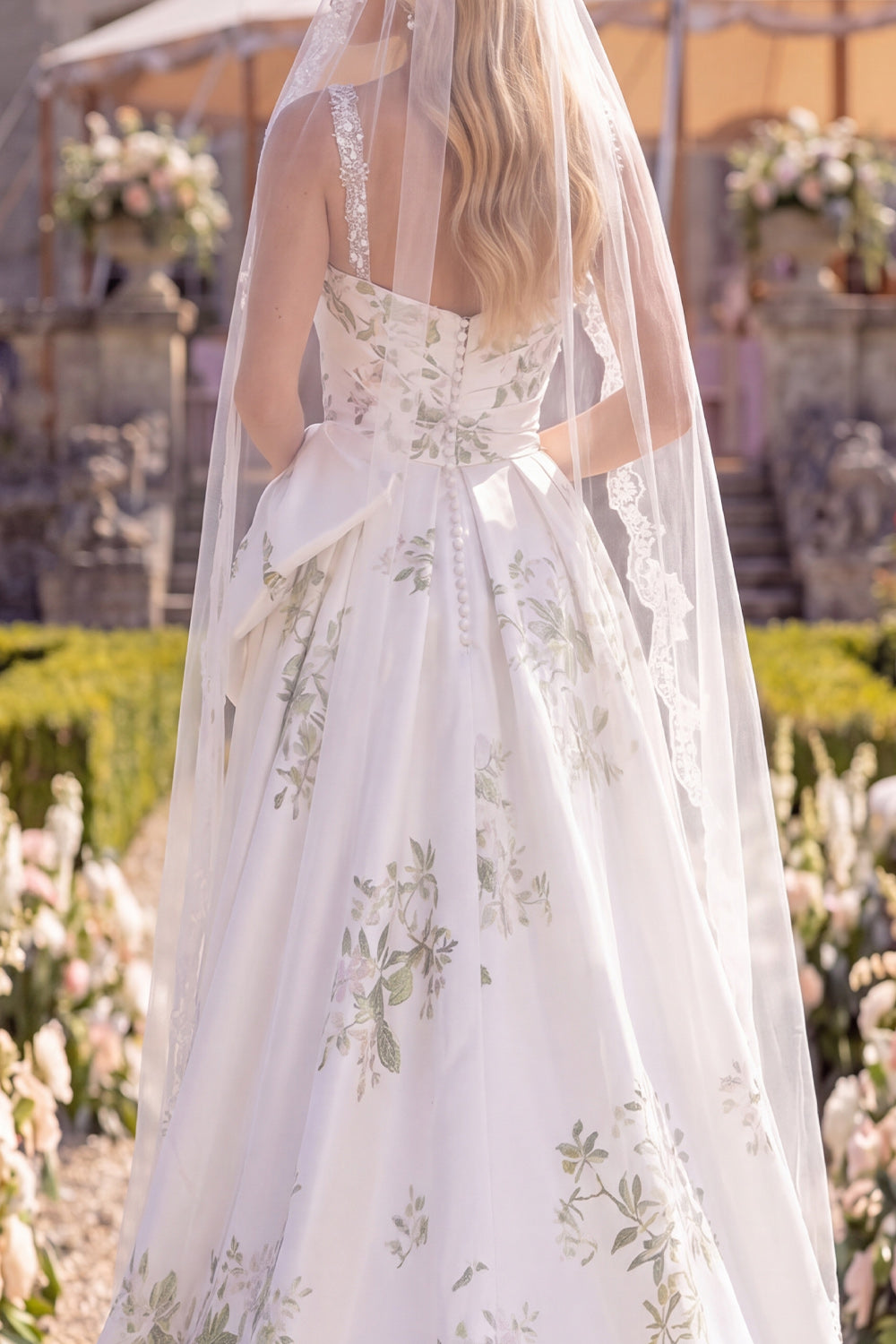 White Green Flower Sweep Train A Line Beaded Beach Wedding Dress with Veils