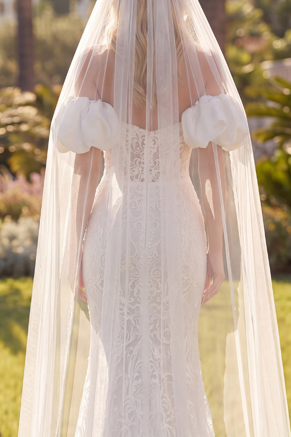 White Mermaid Floral Lace Sweep Train Boho Wedding Dress with Veils