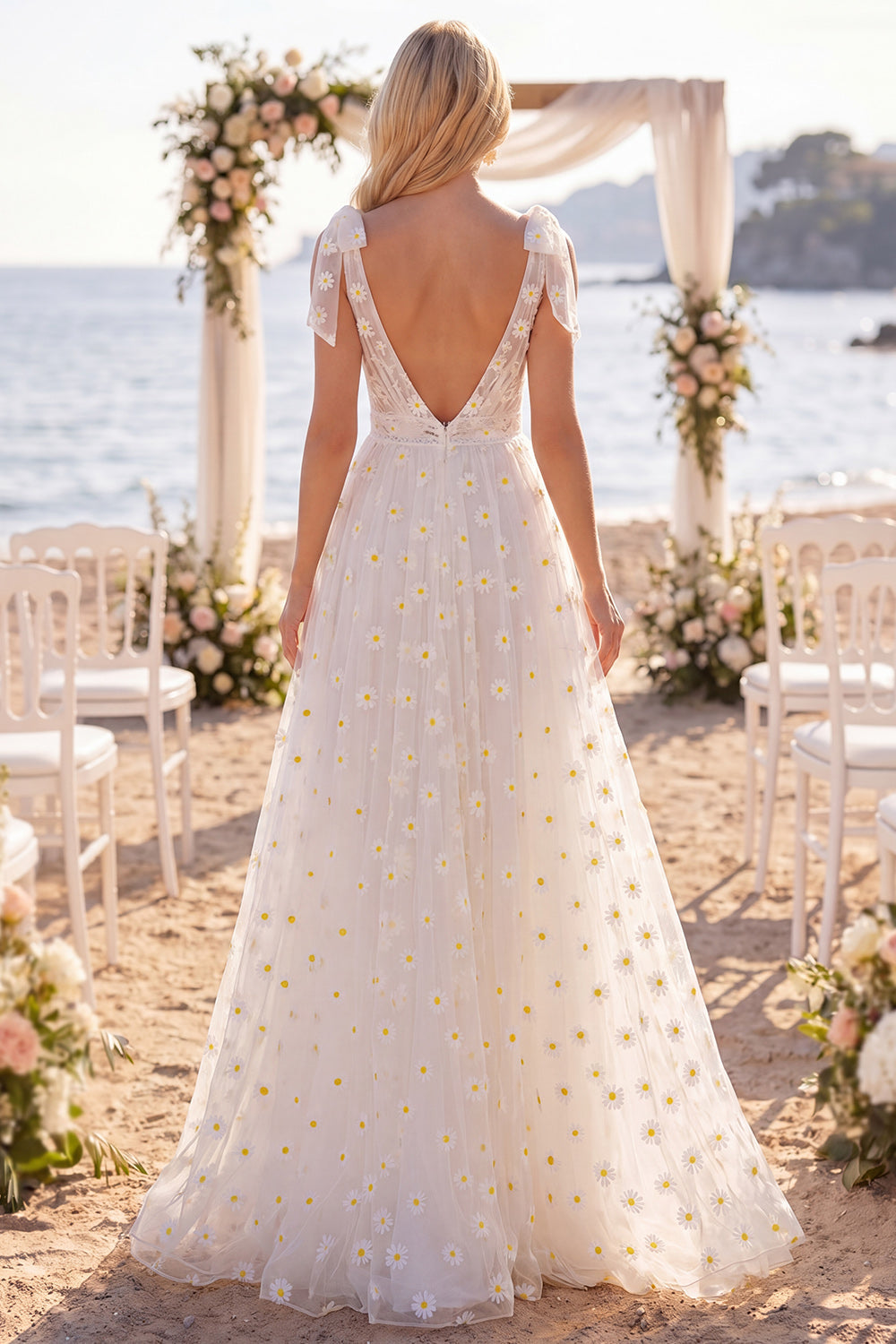 White Floral A Line V-Neck Sweep Train Beach Wedding Dress with Bows