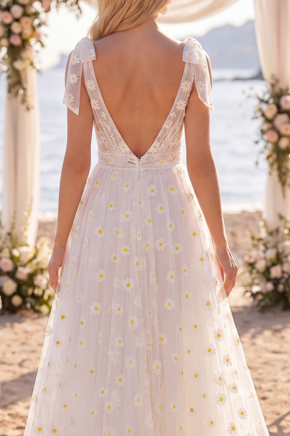 White Floral A Line V-Neck Sweep Train Beach Wedding Dress with Bows