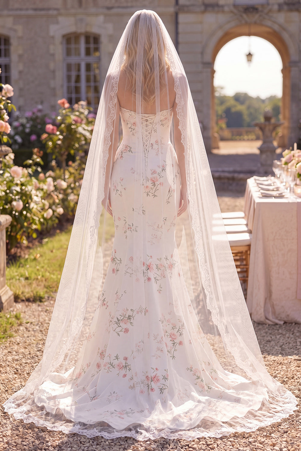 White Red Flower Mermaid Sweep Train Corset Beach Wedding Dress with Veils