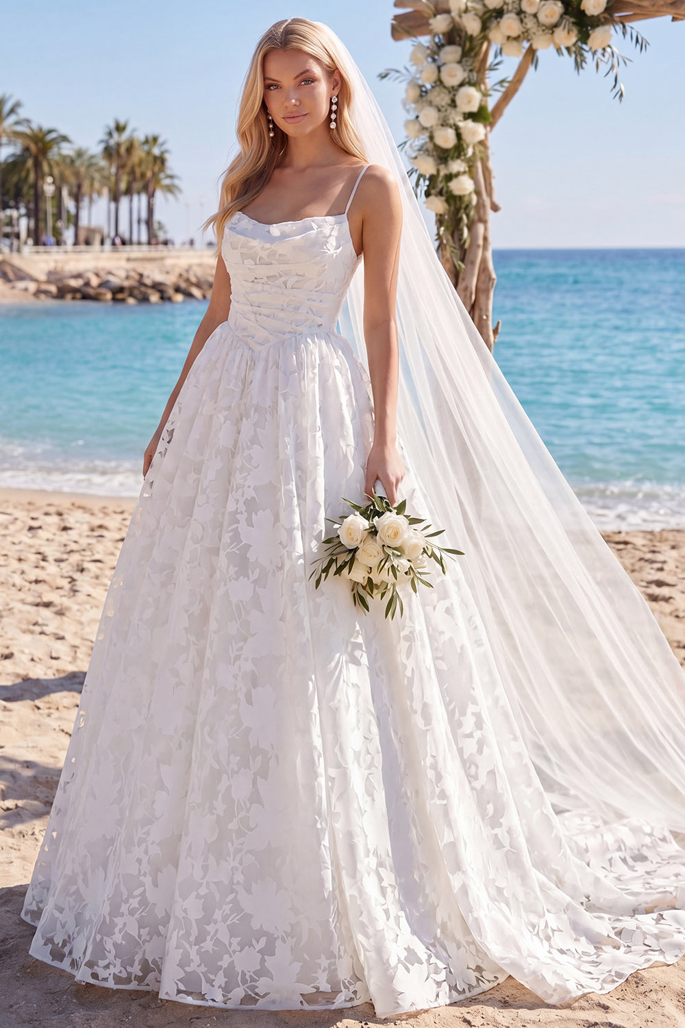 White Lace Floral A Line Sweep Train Ruched Beach Wedding Dress with Veils