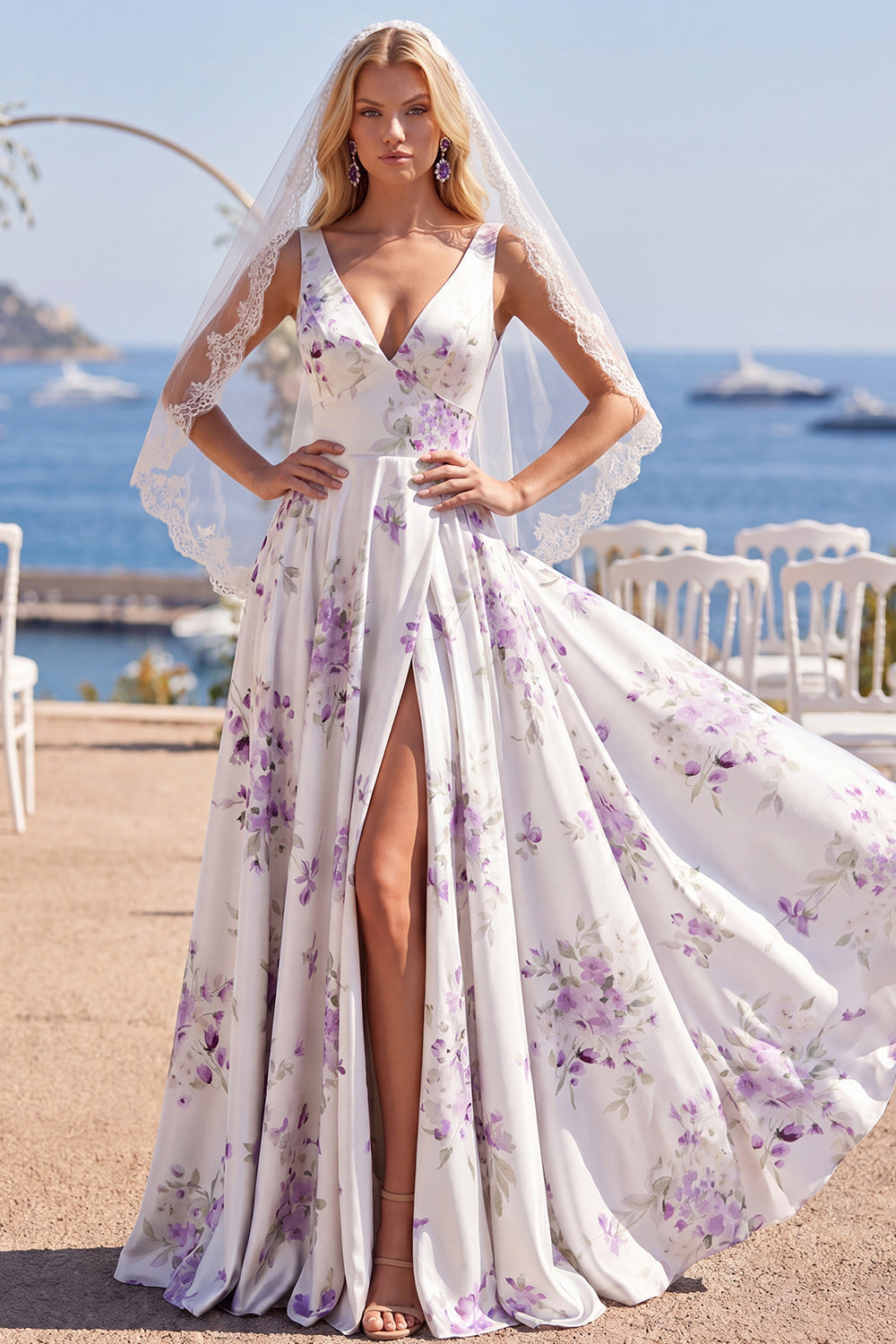 White Purple Flower V-Neck A Line Sweep Train Beach Wedding Dress with Veils