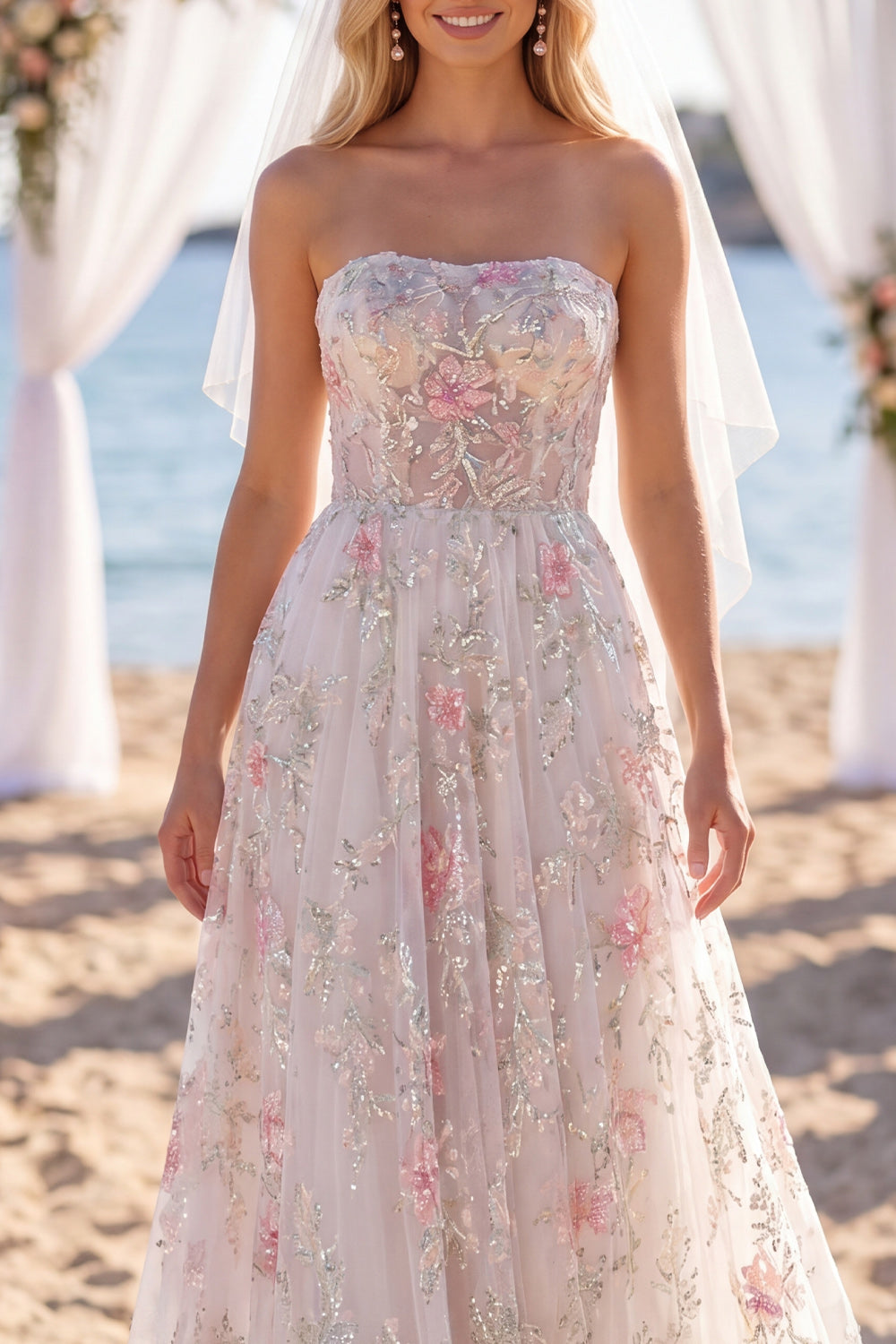 Sparkly White Pink Flower Strapless A Line Sweep Train Wedding Dress with Veils