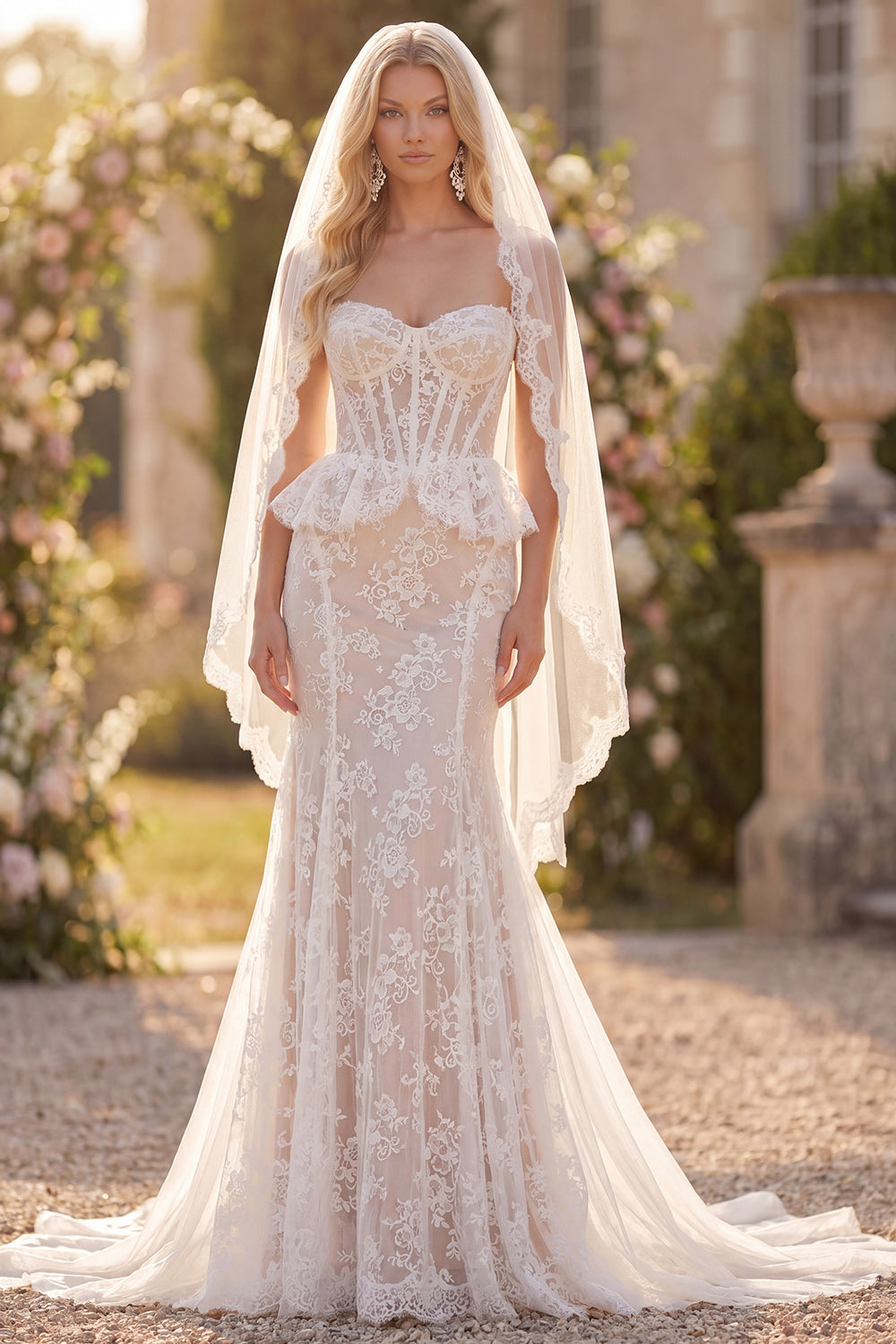 White Floral Lace Mermaid Ruffled Sweep Train Corset Boho Wedding Dress with Veils