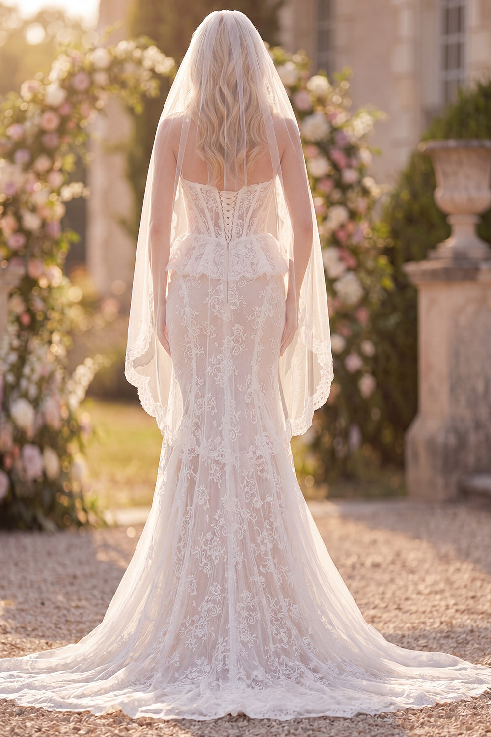 White Floral Lace Mermaid Ruffled Sweep Train Corset Boho Wedding Dress with Veils