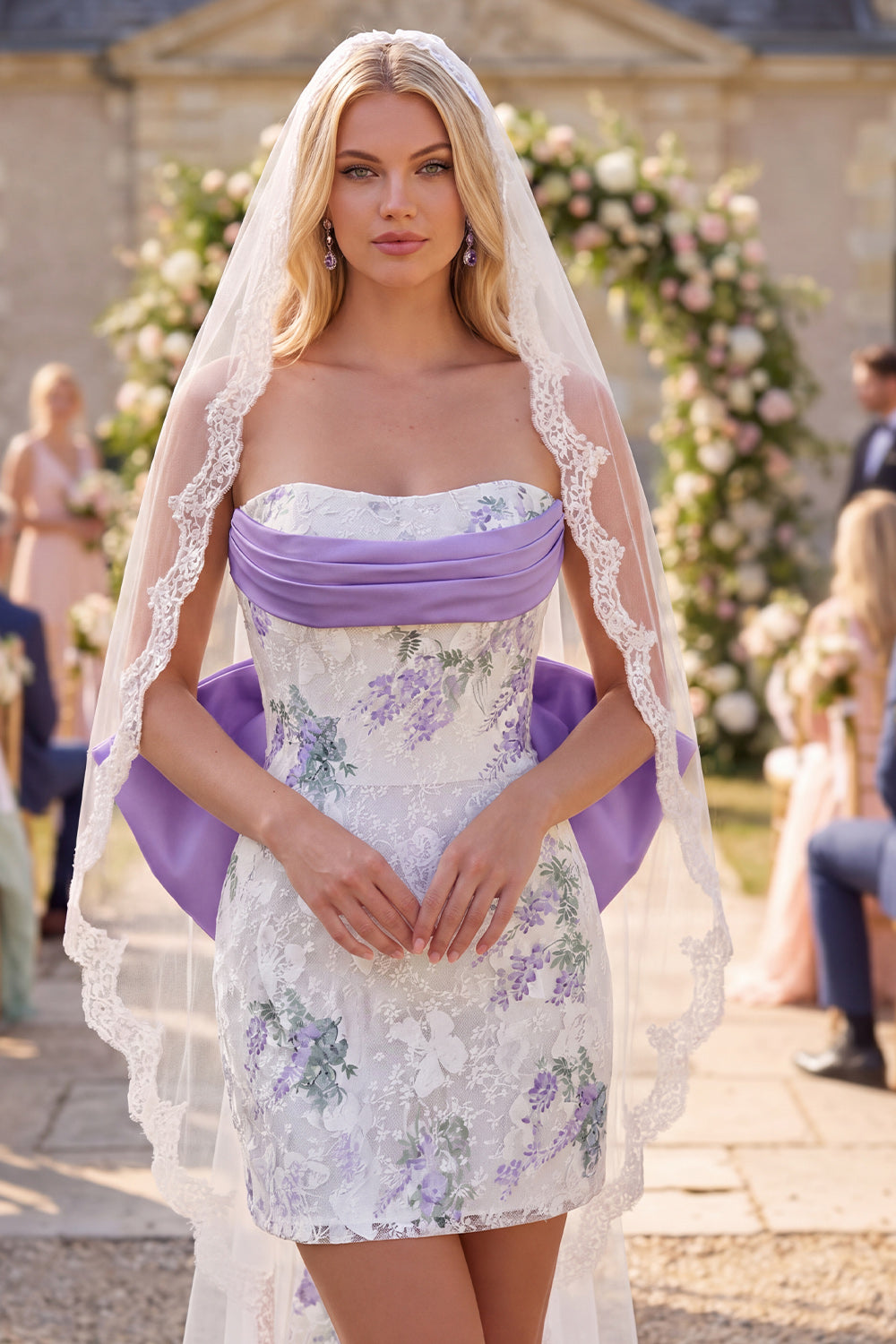 White Purple Flower Lace Ruched Strapless Tight Short Wedding Dress with Veils
