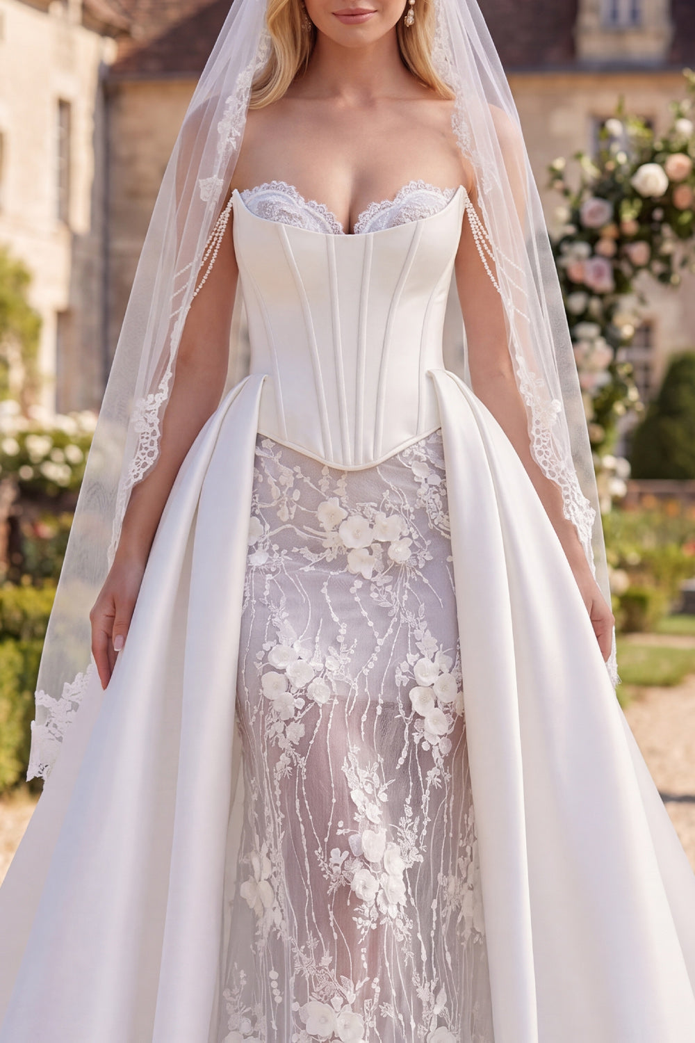 Robe de mariée sirène, corsage floral perlé, traîne balayante avec voiles