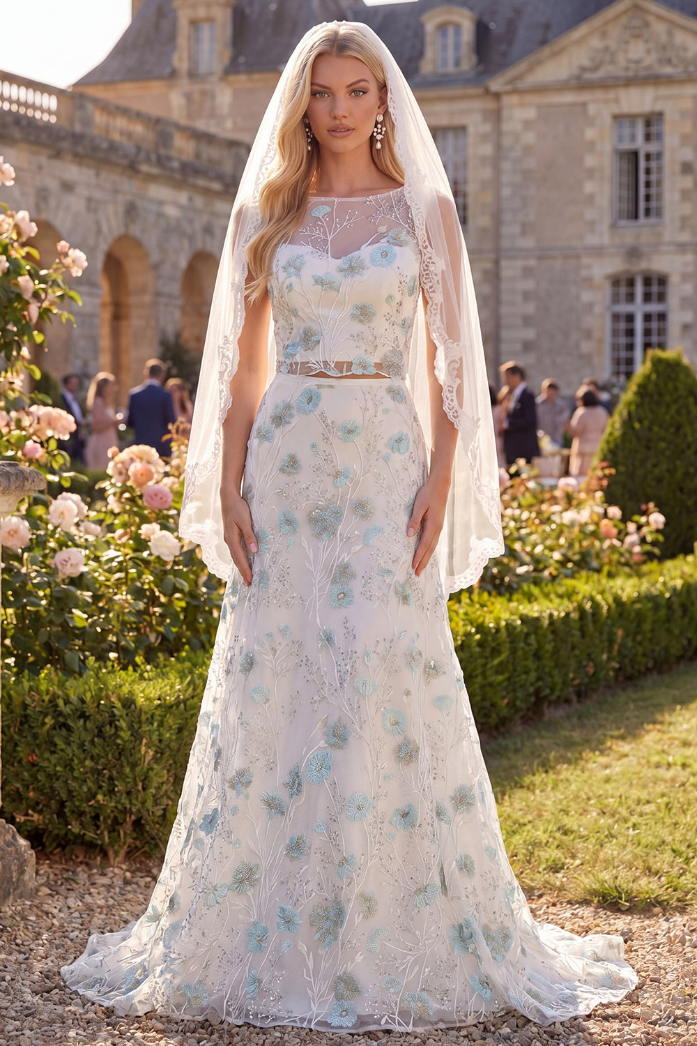 White Green Flower 2 Piece Boat Neck Sweep Train Wedding Dress with Veils