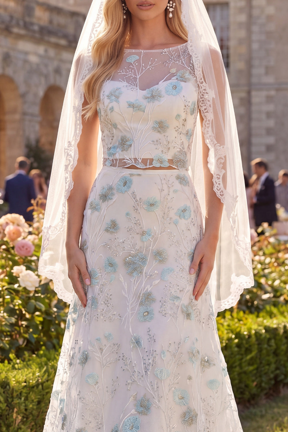 White Green Flower 2 Piece Boat Neck Sweep Train Wedding Dress with Veils