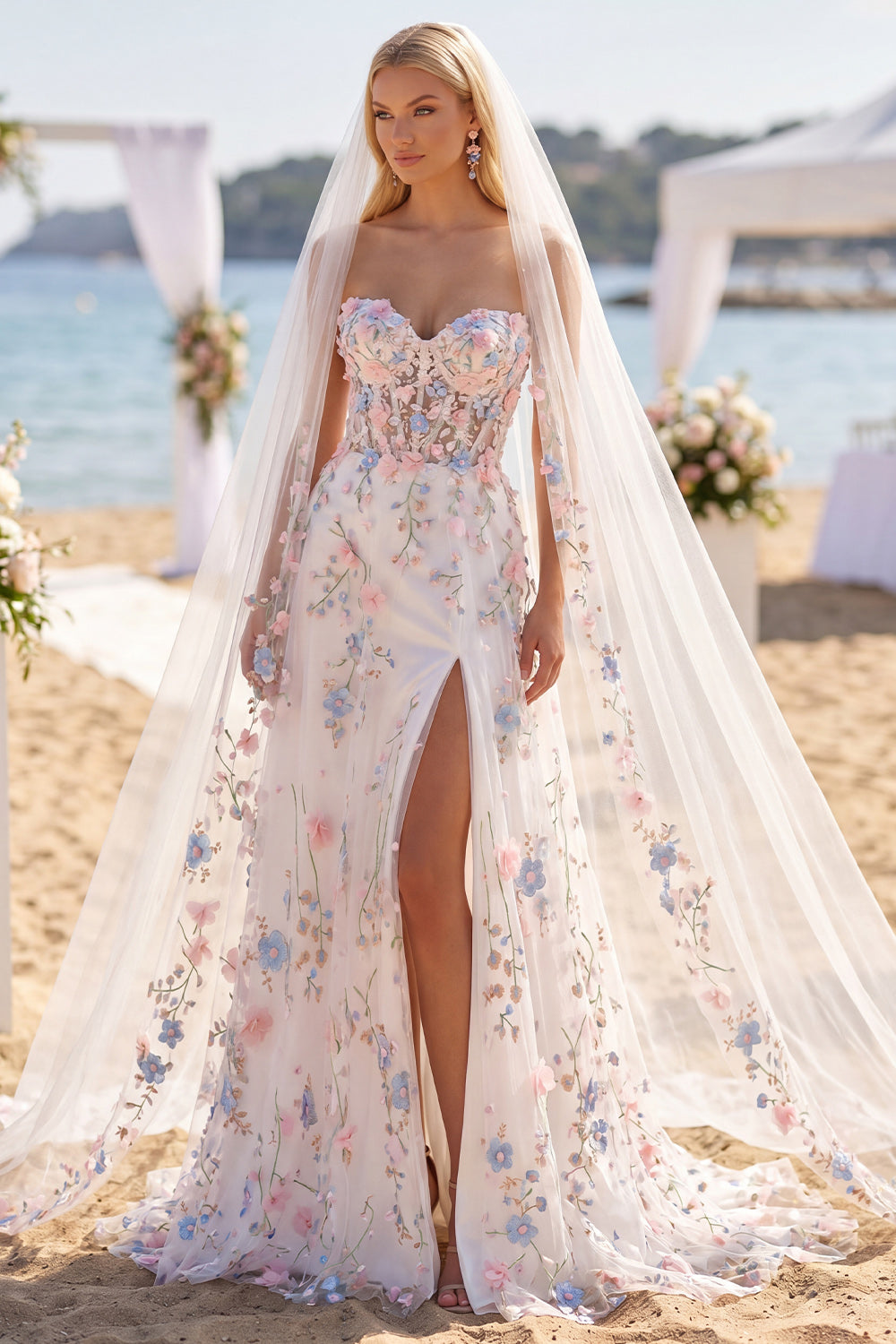 White Pink Flower Sweetheart A Line Sweep Train Corset Wedding Dress with Veils