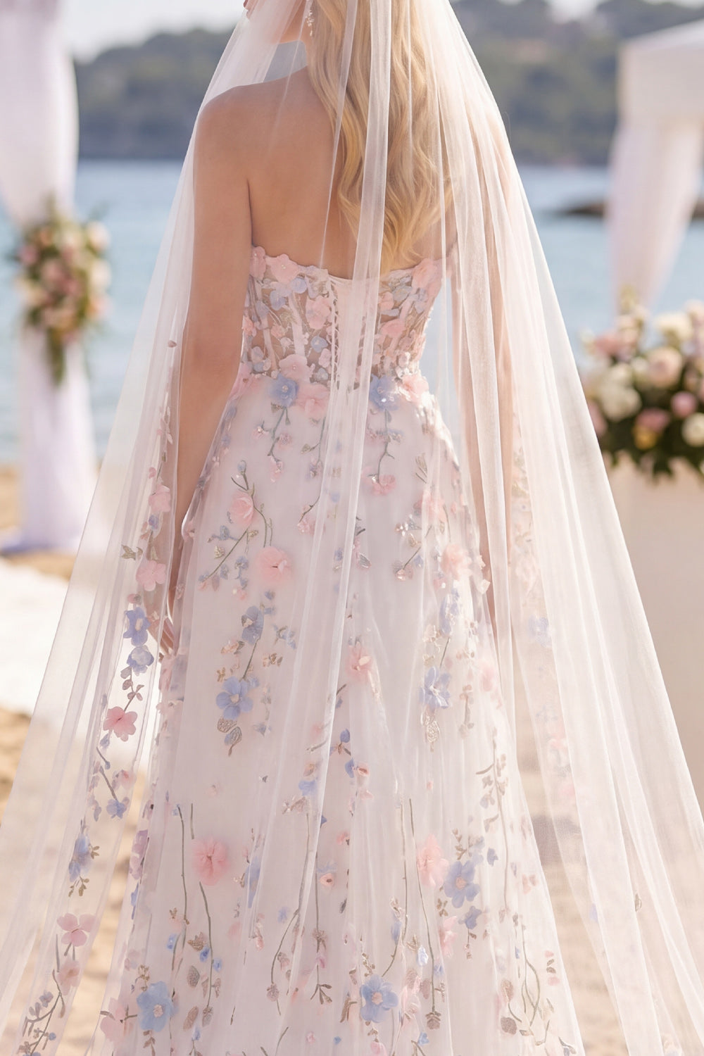 White Pink Flower Sweetheart A Line Sweep Train Corset Wedding Dress with Veils