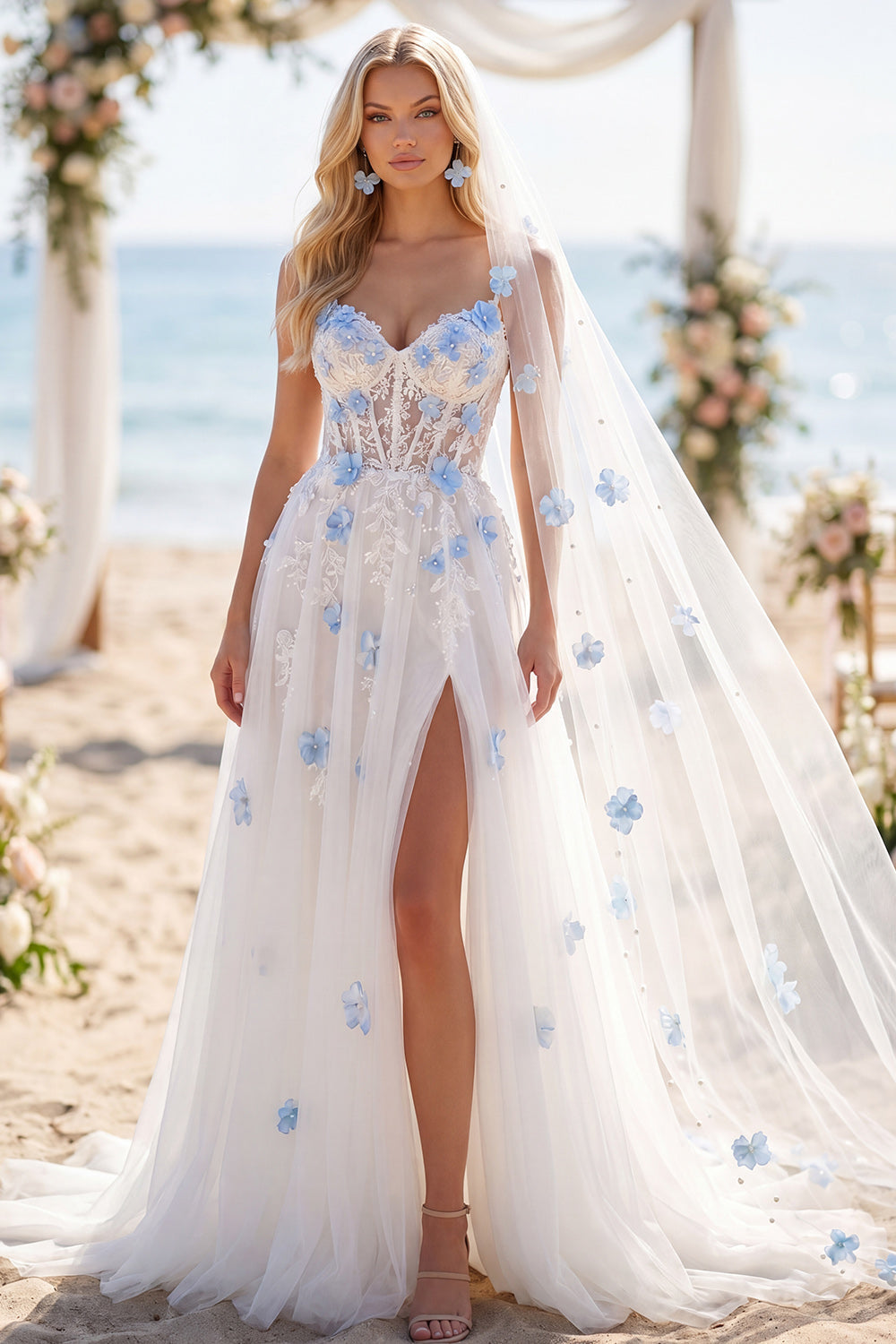 White Blue Flower Beaded A Line Sweep Train Corset Wedding Dress with Veils