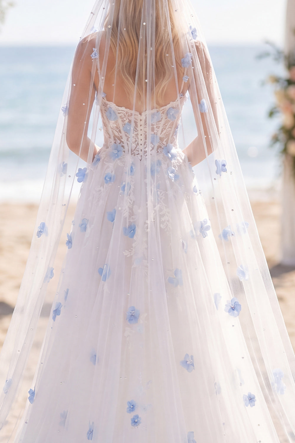 White Blue Flower Beaded A Line Sweep Train Corset Wedding Dress with Veils